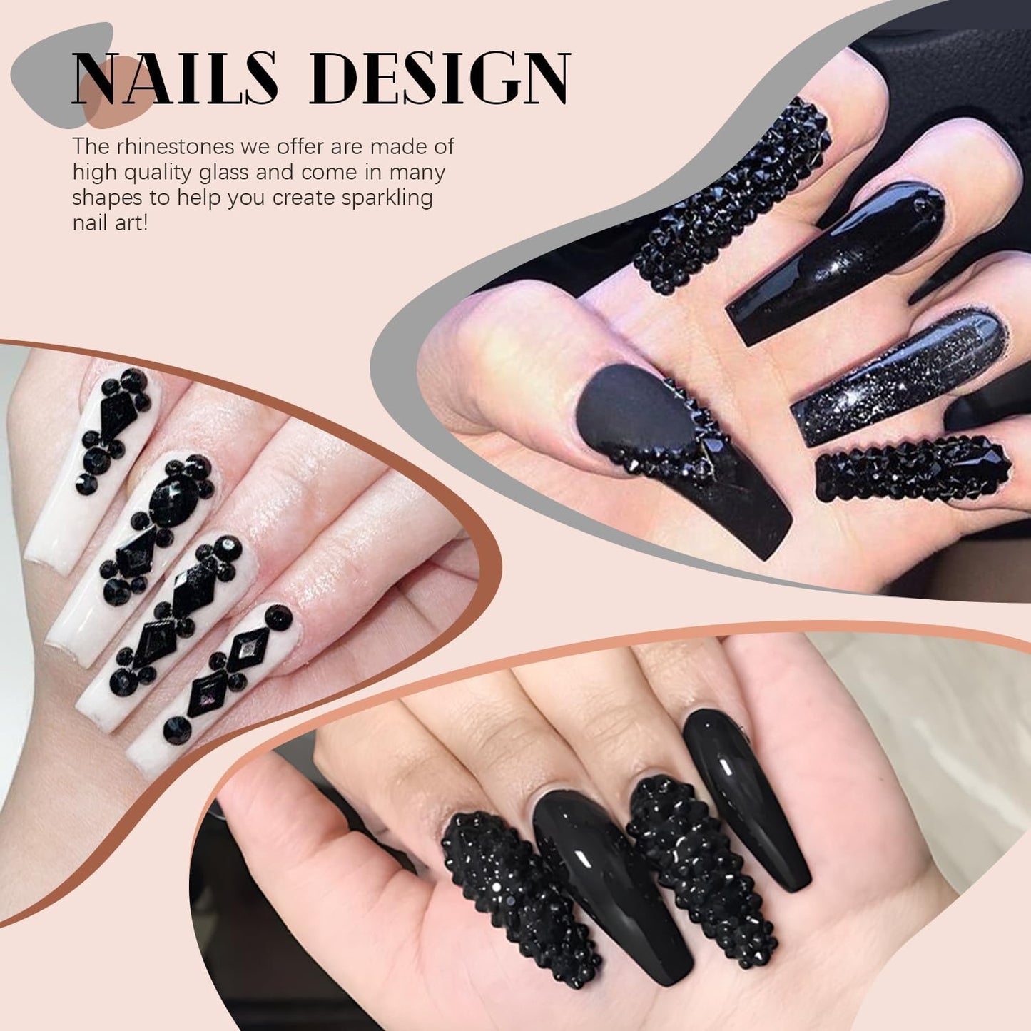 2680Pcs Black Glass Rhinestones 120Pcs Multi Shapes Flatback Gems + 2560Pcs 1.5-4mm Round Crystal, Manicure Charms Diamond Gemstones for Acrylic Nail Decoration