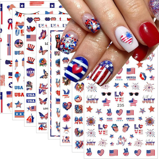 8 Sheets 4th of July Nail Art Stickers Independence Day Decals 3D Self-Adhesive Nail Design USA Flag Heart Letters Fireworks Star Nail Supplies Fireworks 4th of July Nails Stickers for Women Girls DIY
