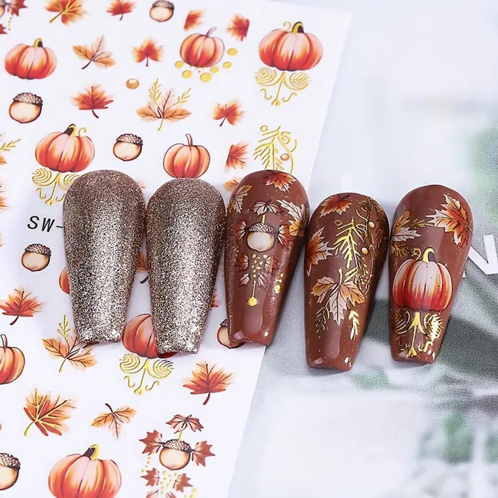 2 Sheets Fall Nail Stickers Autumn Maple Leaf Nail Art Stickers 3D Self Adhesive Maple Leaves Nails Decals for Nails Art Thanksgiving Day Nail Decoration Pumpkin Cute Manicure Supplies for Women