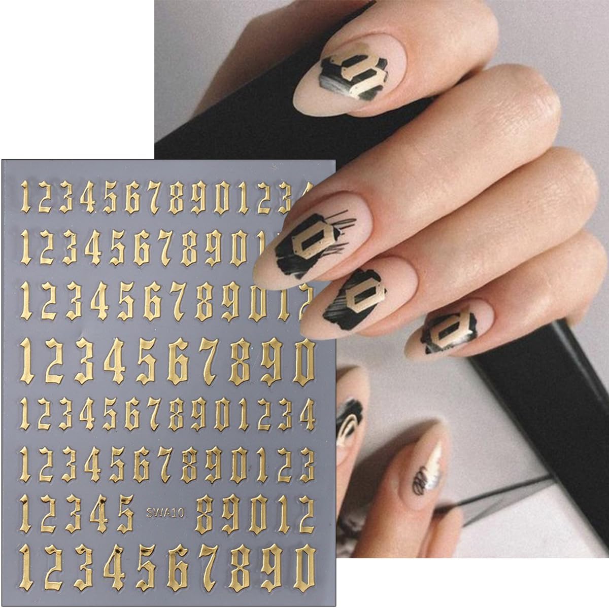 8Pcs Number Nail Stickers 3D Self-Adhesive Laser Arabic Numbers Nail Art Stickers Black White Gold Silver Nail Art Design Supplies 4 Colors Large Small Number Nail Decals for Women DIY Nail Charms Tip