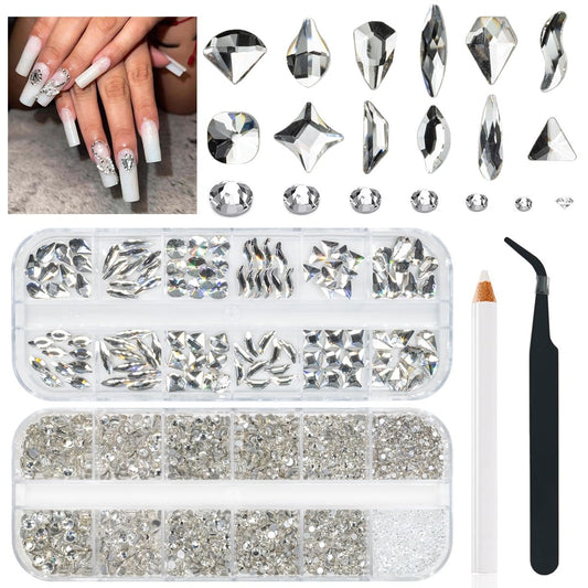 4080Pcs Silver Clear Nail Rhinestones Multi Shapes Flatback Crystal White Gems +Round Beads K9 Glass Stones Diamonds Jewels Nail Art Charms Supplies for Nails Faces Eyes Makeup DIY Crafts Phone