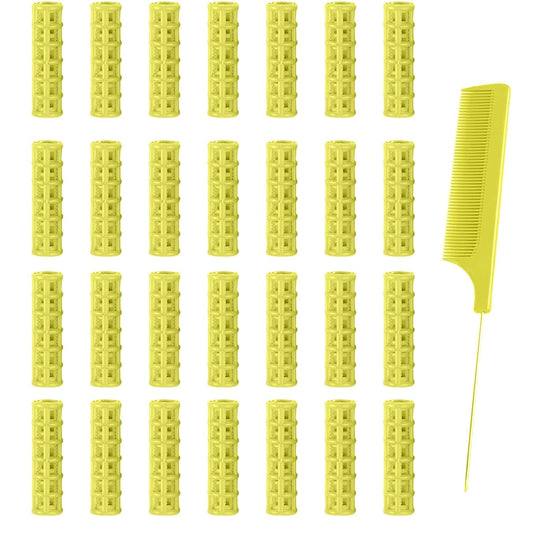 28PCS Self Grip Small Hair Rollers Set, 0.6in Plastic No Heat Roller Hair Curlers with Comb Heatless Clips for Short Fine Thin Hair(Yellow)