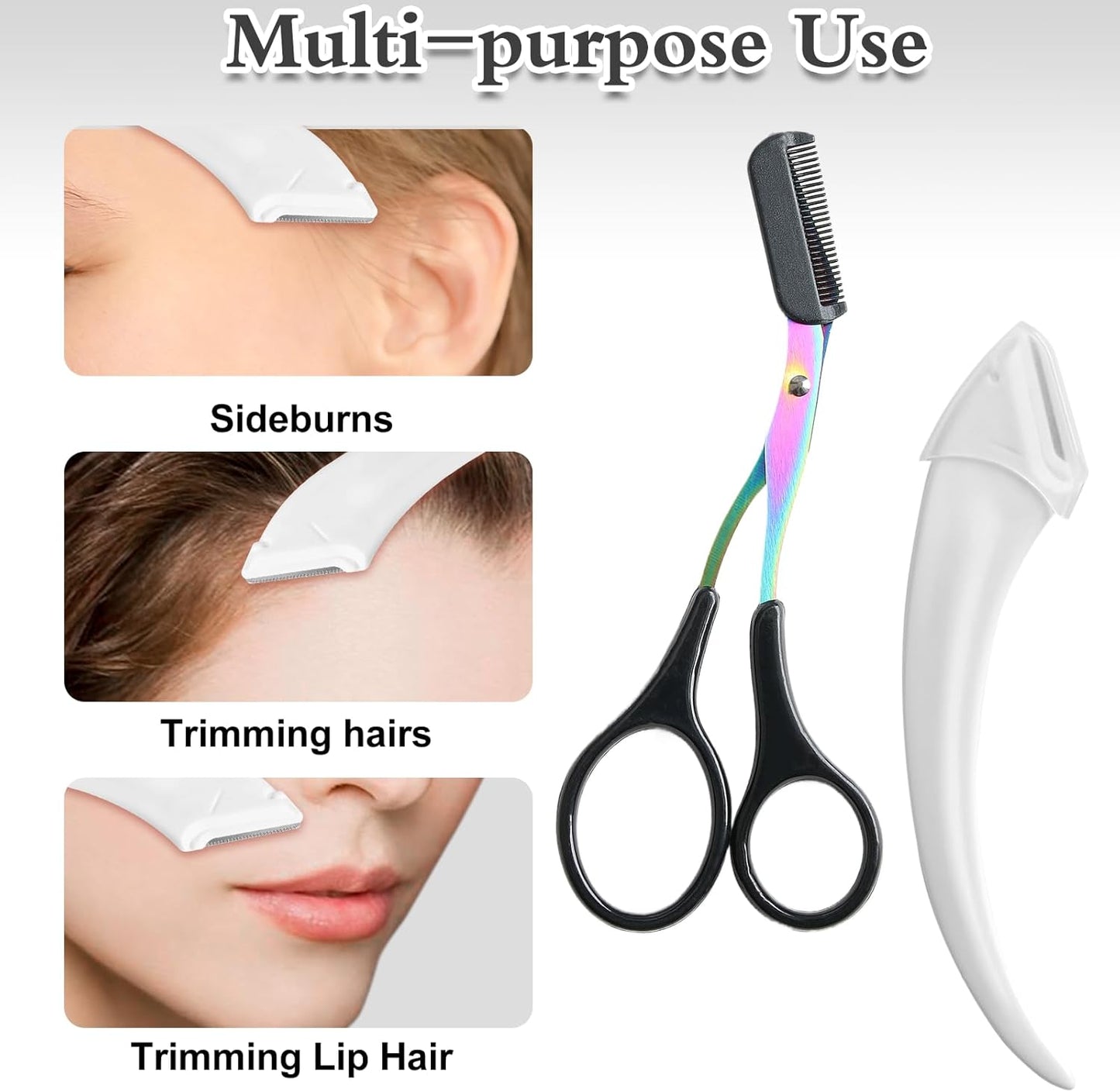 6 Pcs Eyebrow Trimmer Scissors with Comb, Curved Eye Brow Razor, Non-Slip Stainless Steel Facial Hair Removal Grooming, Brow Shaping Beard Shaving Kit Beauty Accessories for Women Men (Black)