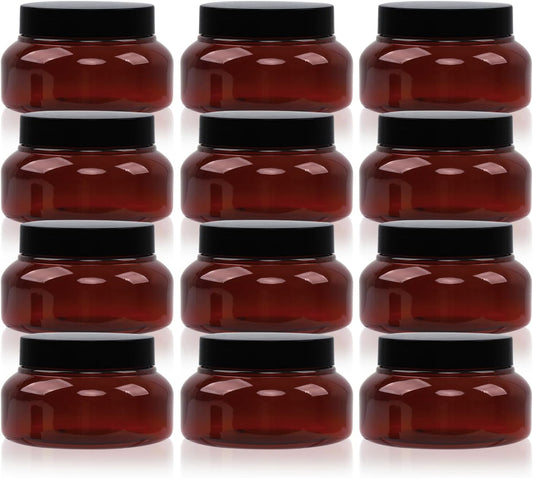 Amber Plastic Jars with Lids, 12 Pack Brown Body Scrub Jars Empty Refillable Containers Round Low Profile Samples Jars for Lotion, Body Butter, Sugar Scrub, Cream (7 OZ)