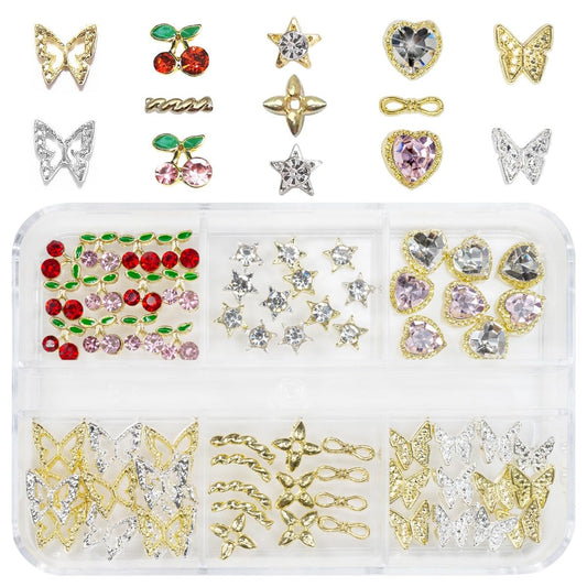 56 Pcs Cute Charms for Nails Cherry Butterfly Heart Star Kawaii Crystals Pink Red Rhinestones Gems Golden Silver 3D Alloy Studs Nail Art Charms for Acrylic Nails Crafts Tumblers Bottles Shoes