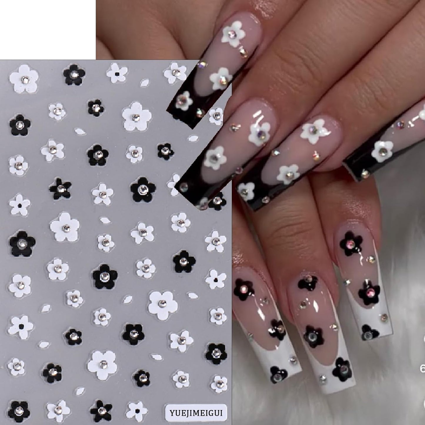 3 Sheets French Diamond Nail Stickers Flower French Manicure 3D Self-Adhesive Sparkling Crystal Black and White French Daisy Butterfly Design DIY Decal Nail Stickers for Nail Art Decoration