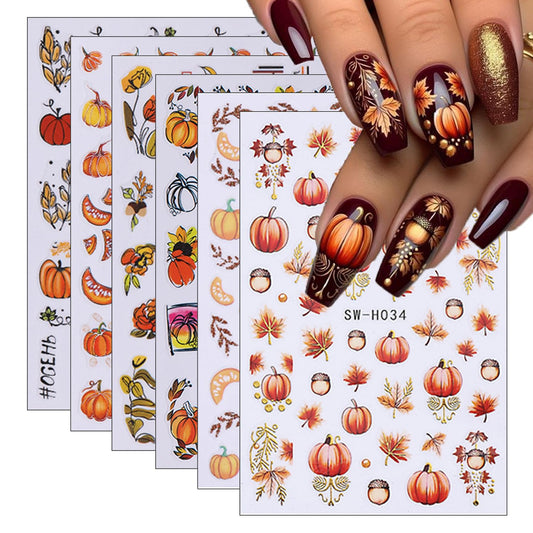 6 Sheets Fall Nail Art Stickers 3D Self-Adhesive Maple Leaf Nail Stickers with Ear of Wheat & Chestnut Designs DIY Pumpkin Nail Decal Supplies for Women Nail Art Manicure Decoration Accessories