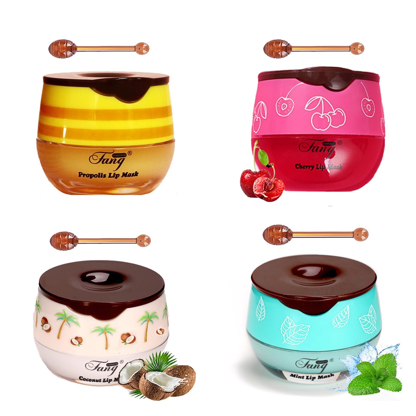 4 PCS Bee Lip Balm Honey Pot,Lip Mask Propolis Moisturizing,Prevention Dry and Cracked Lip Scrubs Exfoliator Lip Wrinkle Skin Care Products (Honey & Coconut & Mint & Cherry)
