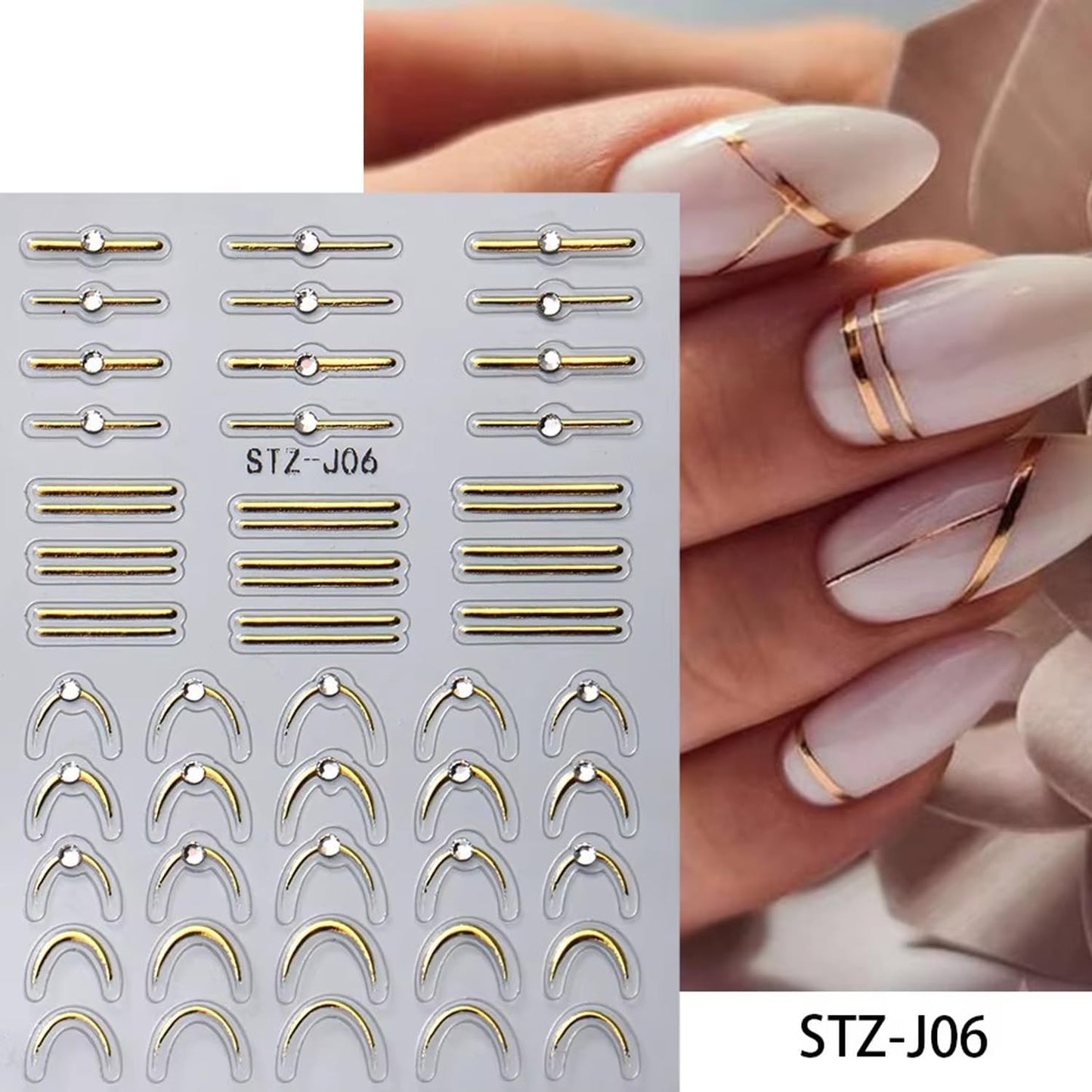 4 Sheets French Stripe Line Nail Stickers with Gold Silver Shiny Crystal Rhinestones,Metallic Stripe Lines Adhesive Design Nail Supplies French Sticker for Women Girls Luxury Manicure Decorations