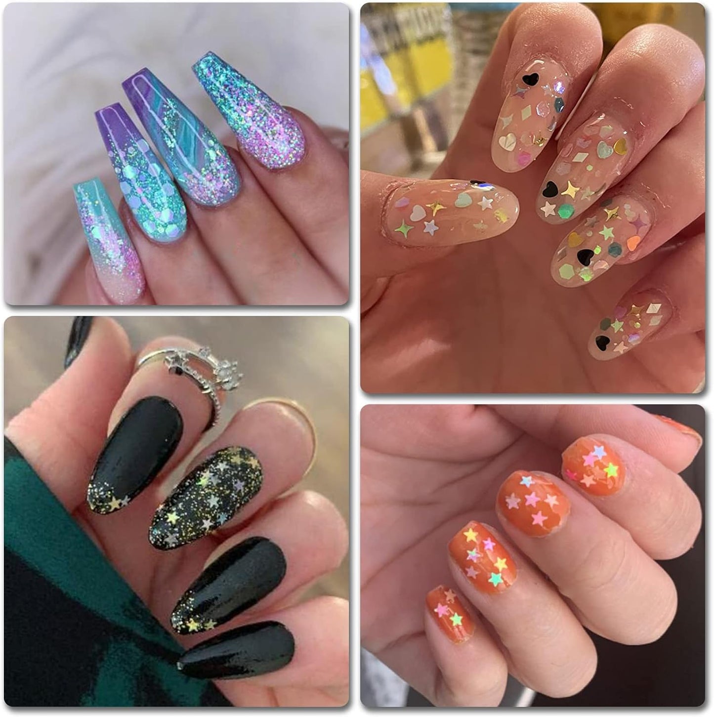 AddFavor 4 Boxes Nail Glitter Luminous Mermaid Chunky Glitter Flakes Fluorescent Mixed Shaped Flower Heart Star Nail Sequins Decals for Nail Art/False Eyelash Decor