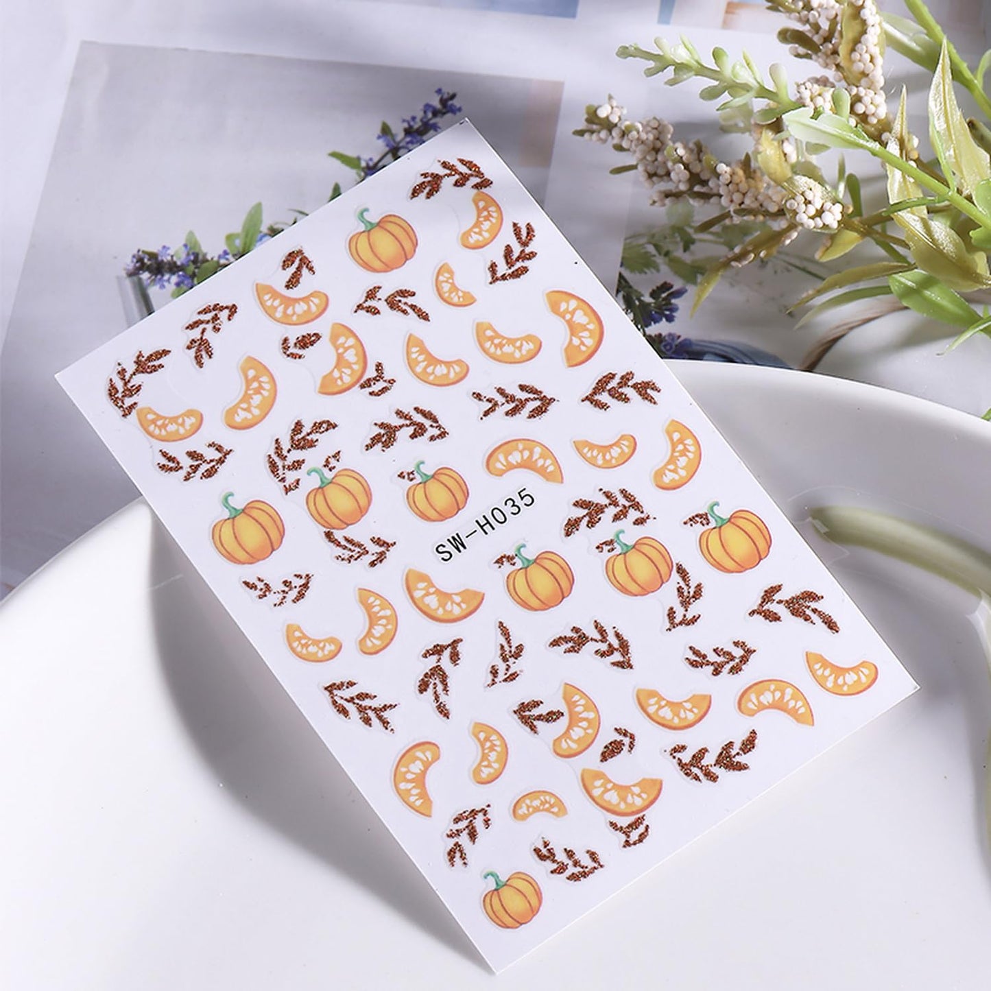 6 Sheets Fall Nail Art Stickers 3D Self-Adhesive Maple Leaf Nail Stickers with Ear of Wheat & Chestnut Designs DIY Pumpkin Nail Decal Supplies for Women Nail Art Manicure Decoration Accessories
