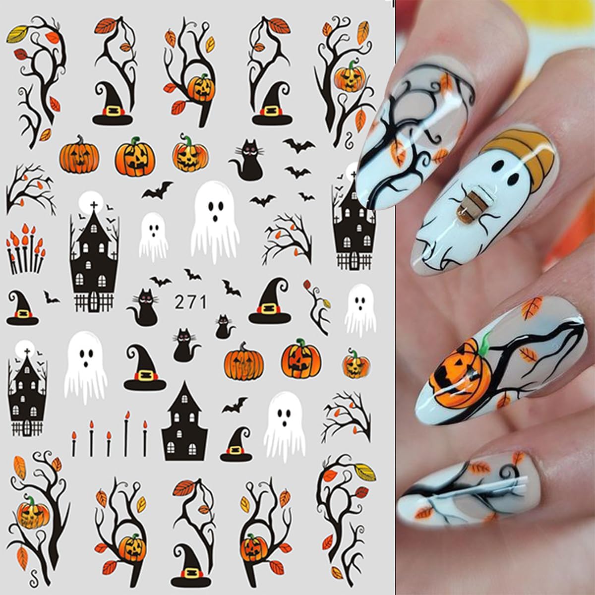 6 Sheets Flower Halloween Nail Art Stickers Colorful Ghost Nail Stickers Pumpkin Nail Decals Spider Web Tree Star Orange Design Cute Nail Sticker for Nail Art for Women Decoration Holiday Manicure