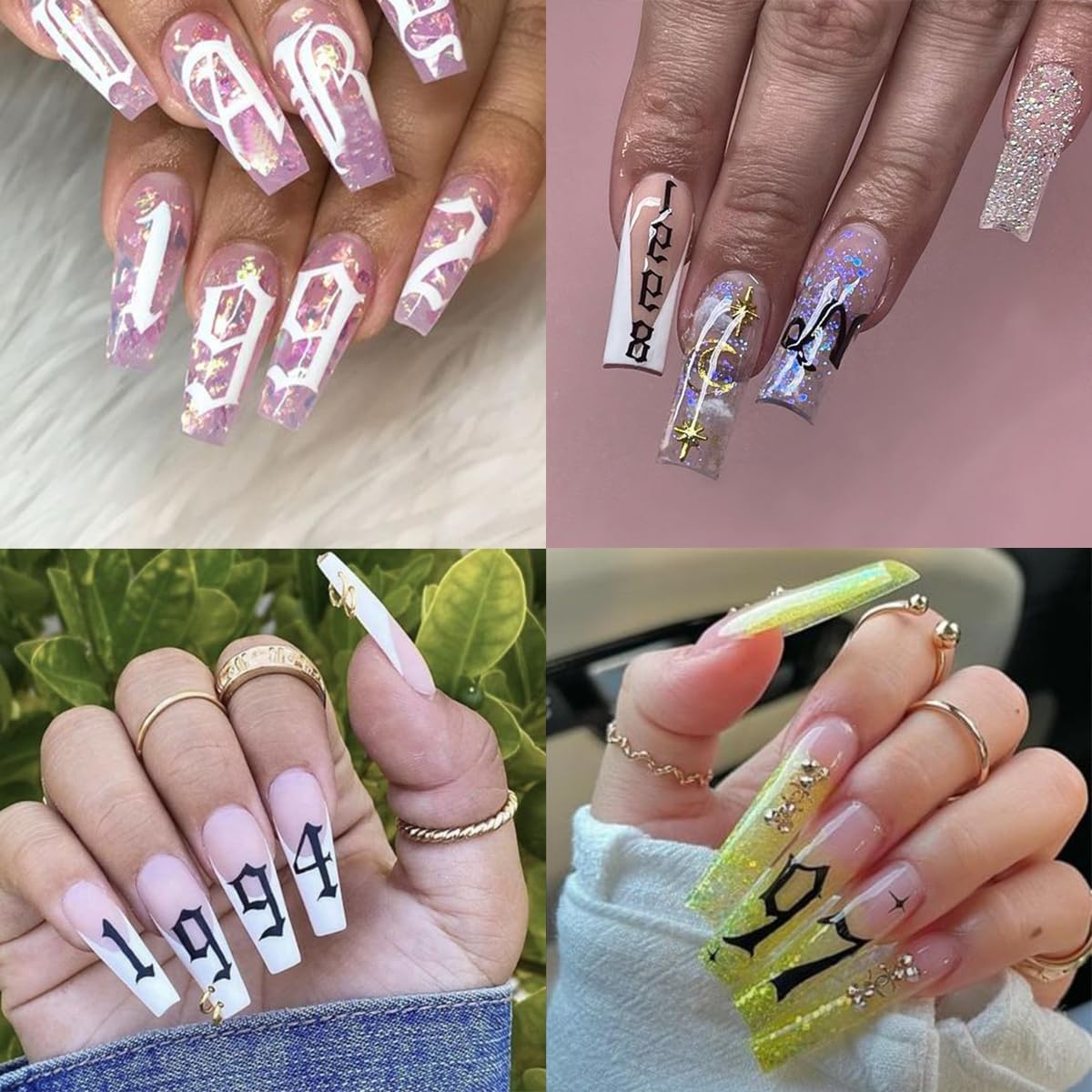 8Pcs Number Nail Stickers 3D Self-Adhesive Laser Arabic Numbers Nail Art Stickers Black White Gold Silver Nail Art Design Supplies 4 Colors Large Small Number Nail Decals for Women DIY Nail Charms Tip