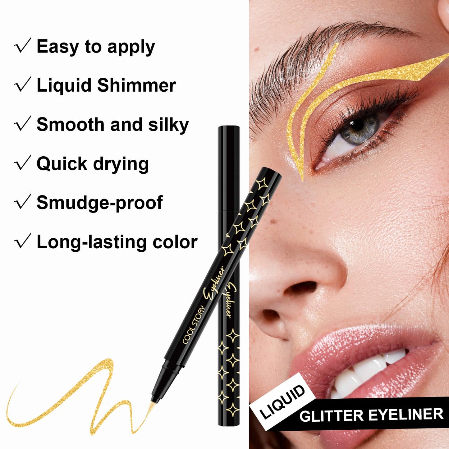 4Pcs Glitter Colored Liquid Eyeliner & Eyeshaow, Shimmer Liquid Eyeliner & Eyeshaow Makeup Set, Purple Blue Gold Green Face Body Glitter Makeup Sparkling Eye shaow Pen