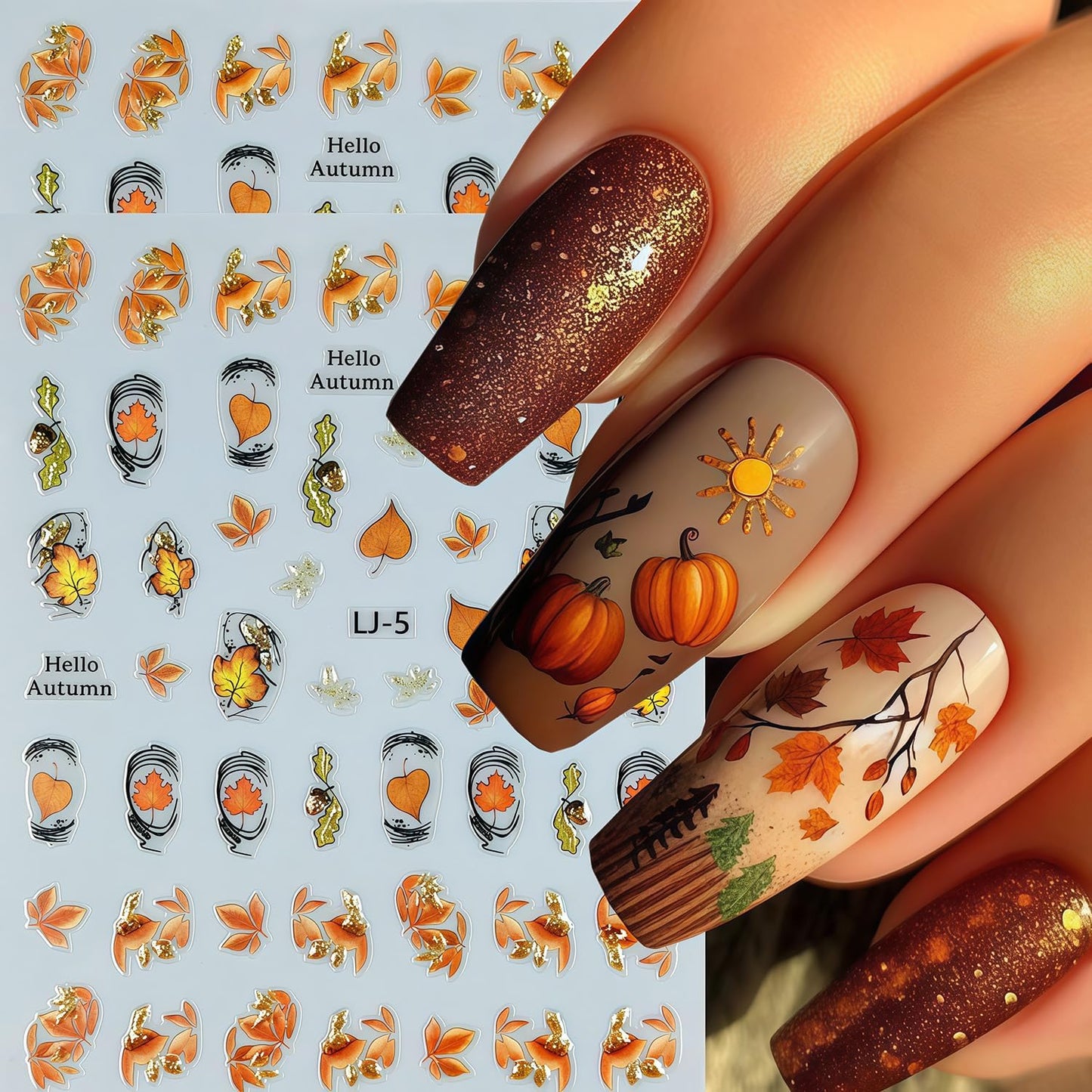 6 Sheets Fall Nail Stickers Thanksgiving Nail Decals 3D Self-Adhesive Glitter Autumn Maple Leaves Pumpkin Design Stickers Fall Maple Leaf Nail Art Sticker for Women Holiday DIY Manicure Decoration