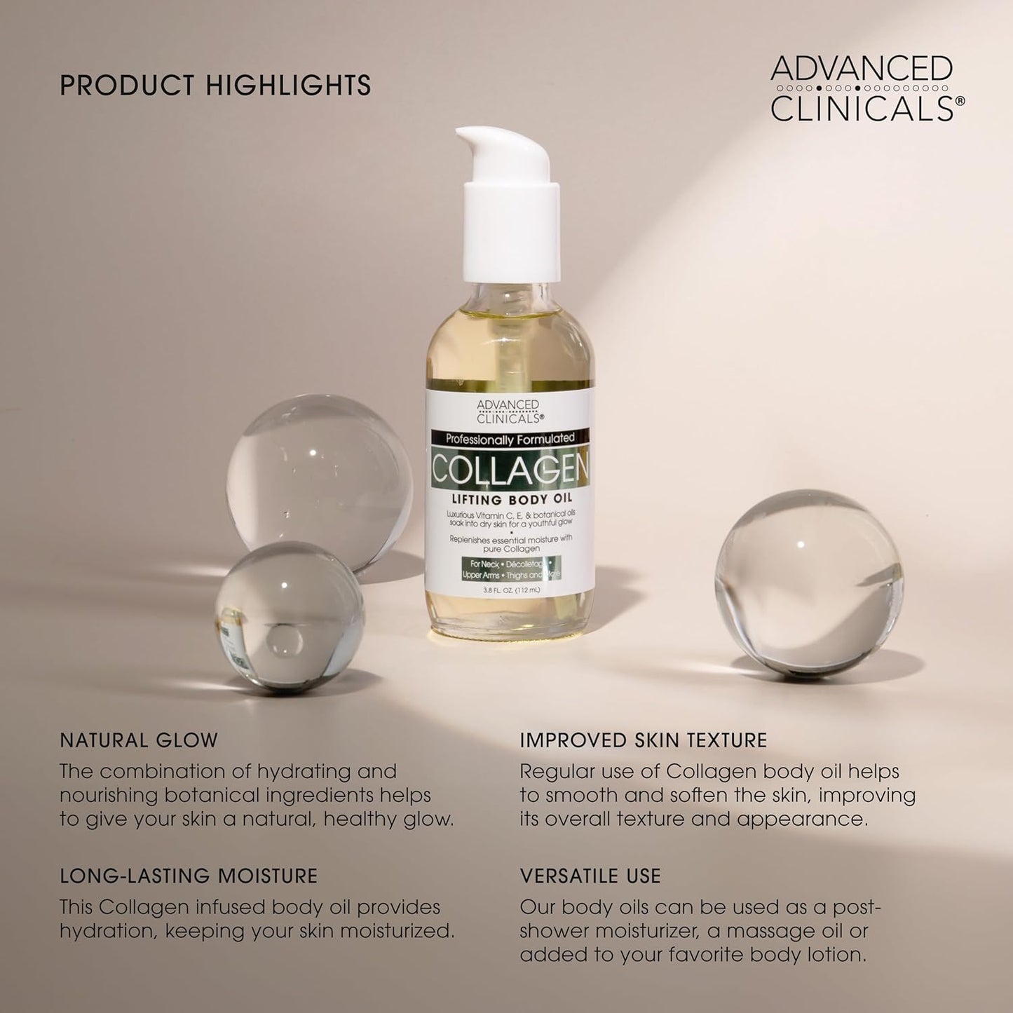 Advanced Clinicals Hydrating Collagen Oil For Body & After Shower | Visible Anti Aging Moisturizing Collagen Body Oil For Women & Men Helps Soften Appearance Of Crepe Skin & Wrinkles, 3.8 Fl Oz