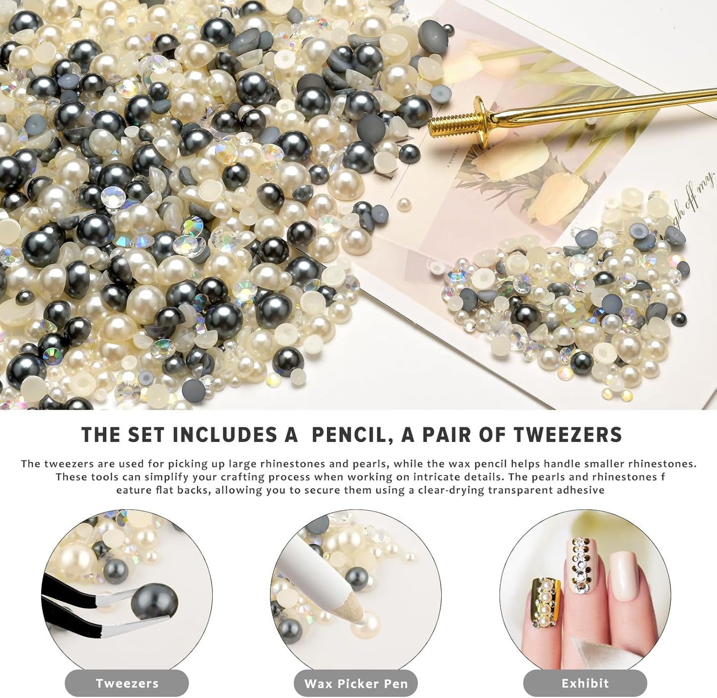 80g Mix Flatback Pearls and Rhinestones for Crafts Silver Gray White Mixed Size 2mm-10mm Half Round Pearls Rhinestones for Nail Art Tumblers Shoes DIY Bedazzling with Tweezers Wax Pen