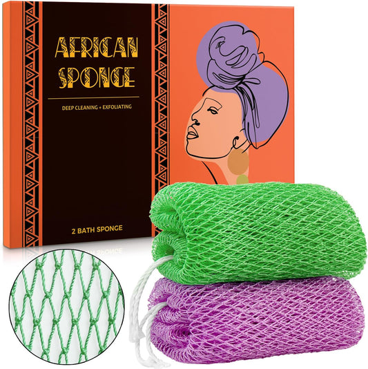 African Net Sponge Authentic - 2 Pieces Real African Exfoliating Sponge with Knots - Afro Back Scrub Net for Body Exfoliator - Bath Loofah Washcloth for Shower Essentials