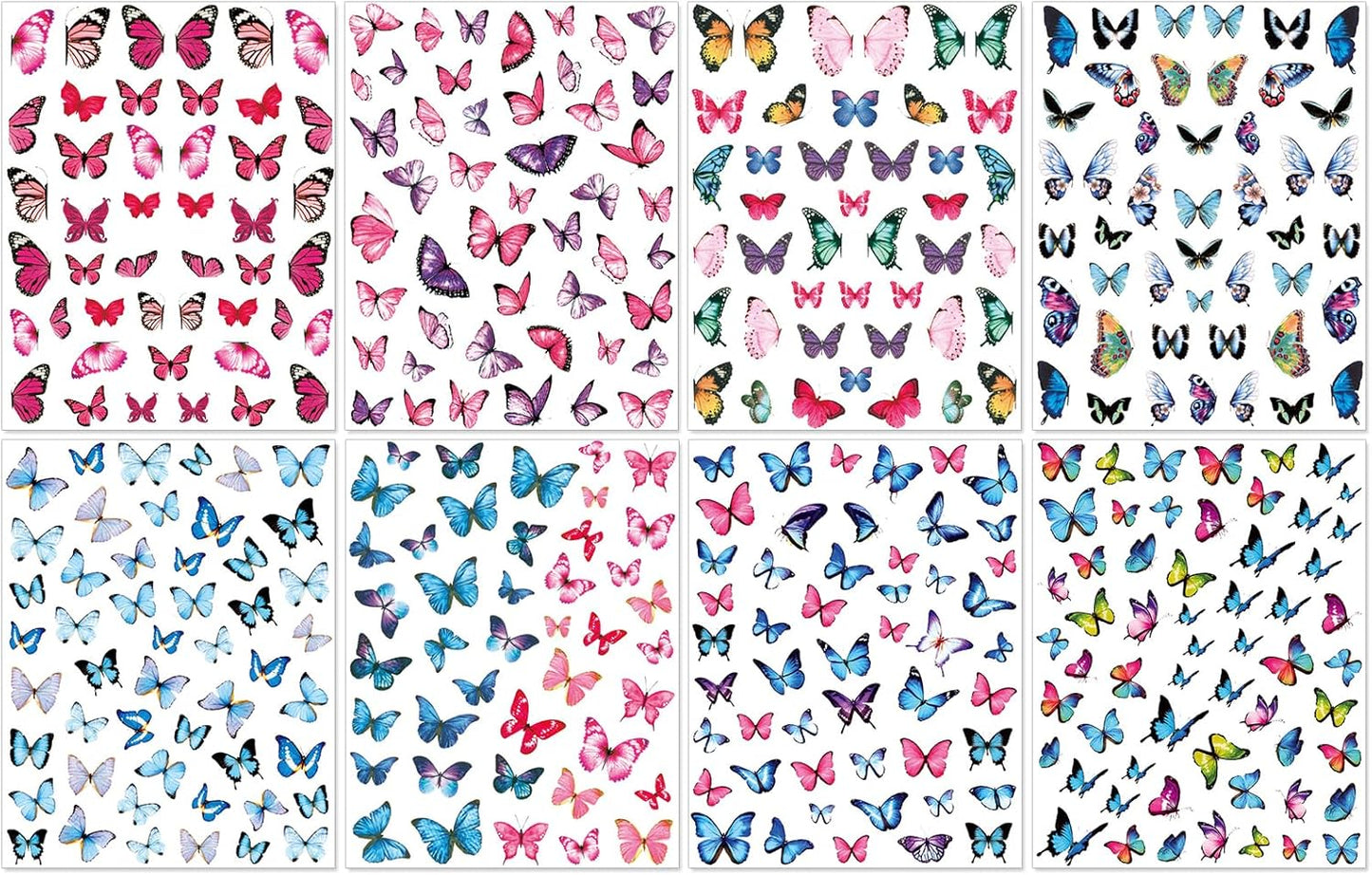 8 Sheets Butterflies Nail Art Stickers - Colorful Butterflies Wing Self-Adhesive Nail Decals for DIY Spring Summer Manicure