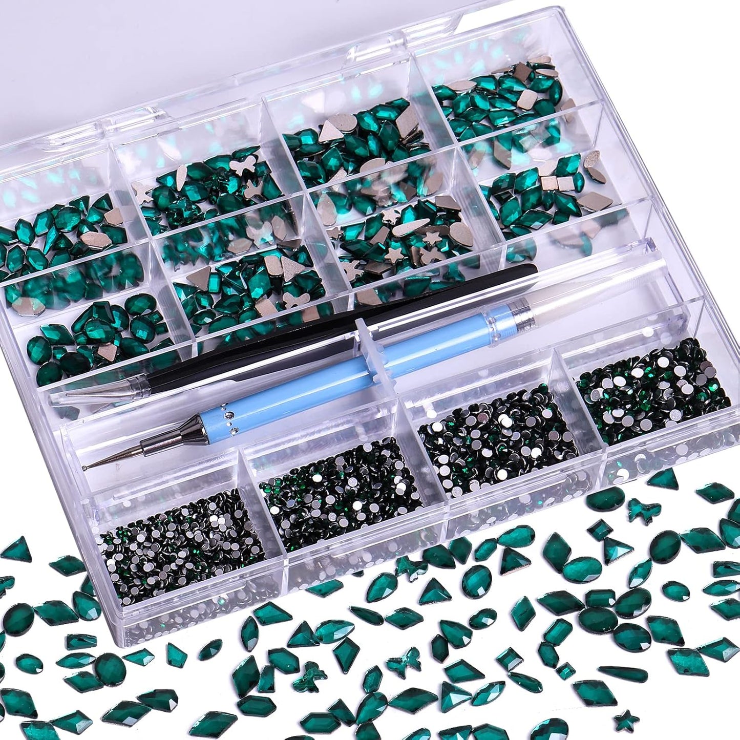 3320Pcs Green Nail Art Rhinestones Crystal,HOINCO 3D Rhinestones Gems Jewels Diamond,24 Types of 320 Diamonds + 3000 Round Beads, Crystals 3D Flat Back Gemstones for Nail DIY Crafts with Tweezers Pen