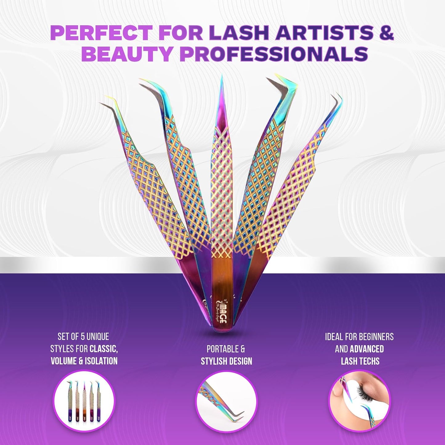 5 Pcs Fiber-Tip Japanese Steel Lash Tweezer Set with Leather Case, Professional Eyelash Tweezers for Lash Extensions – Titanium Coated, 90 & 45 Angled, Precision Pointed Tweezers (Rainbow Color)