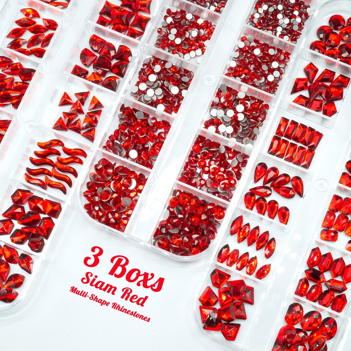 3 Boxes Siam Red Nail Rhinestones 240 Multi-Shapes Flatback Ruby Red Big Gems K9 Glass Round Stones Diamonds Jewels Crystals Nail Art Charms for Nails Face Eyes Makeup Crafts Tumblers Clothes