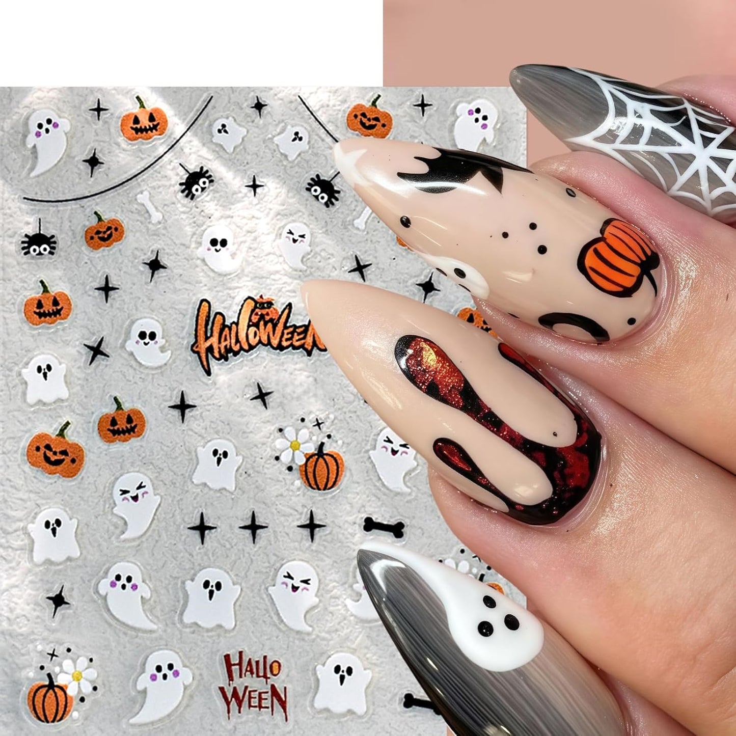 6Sheets Cute Ghost Nail Stickers for Nail Art,Micro-Relief Halloween Spider Nail Decals Pumpkin Cat Heart Spider Web Nail Designs Bat Star Nails Accessories for Women Acrylic Manicure Holiday Supplies