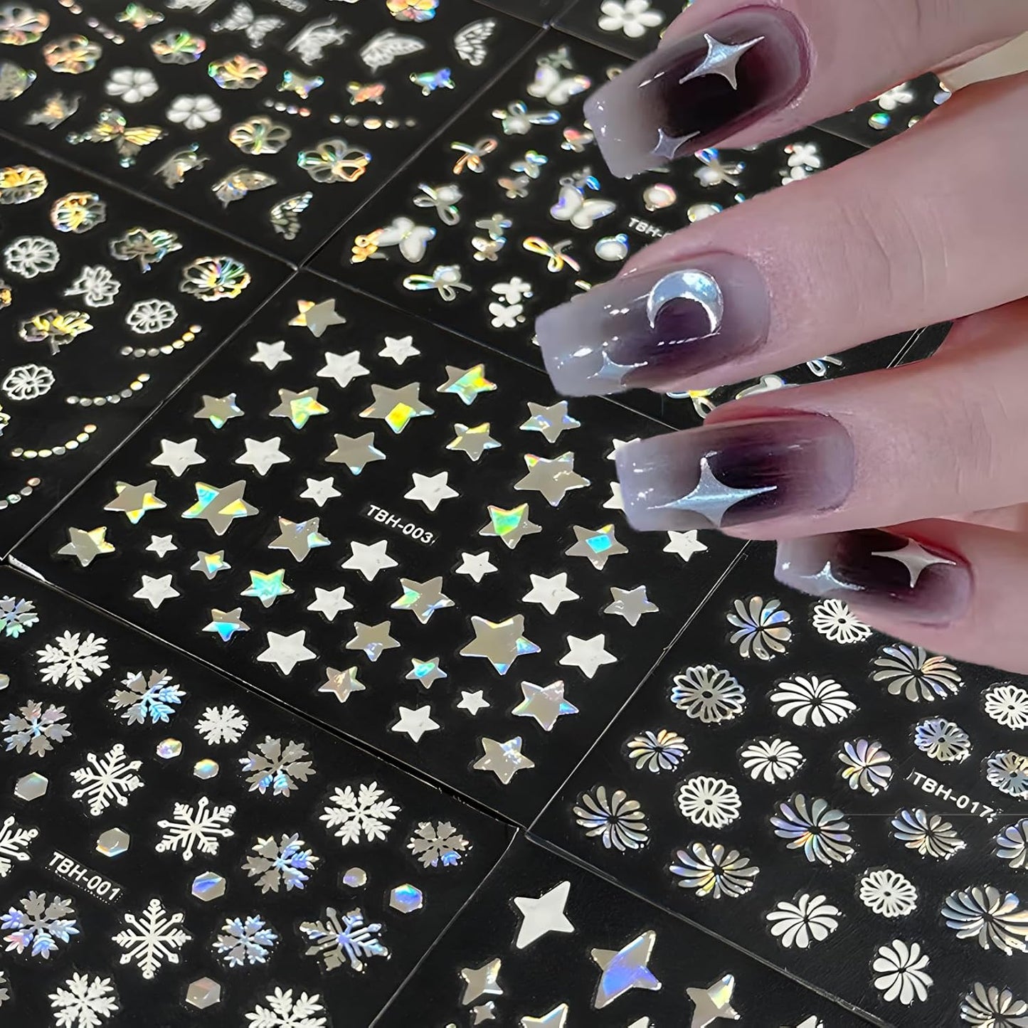 30 Sheets Aurora Nail Art Stickers Decals 3D Self Adhesive Flower Nail Stickers Aurora Moon Star Nail Decals for Nail Art Leaf Heart Nail Design for DIY Acrylic Nails Decoration Accessories for Women