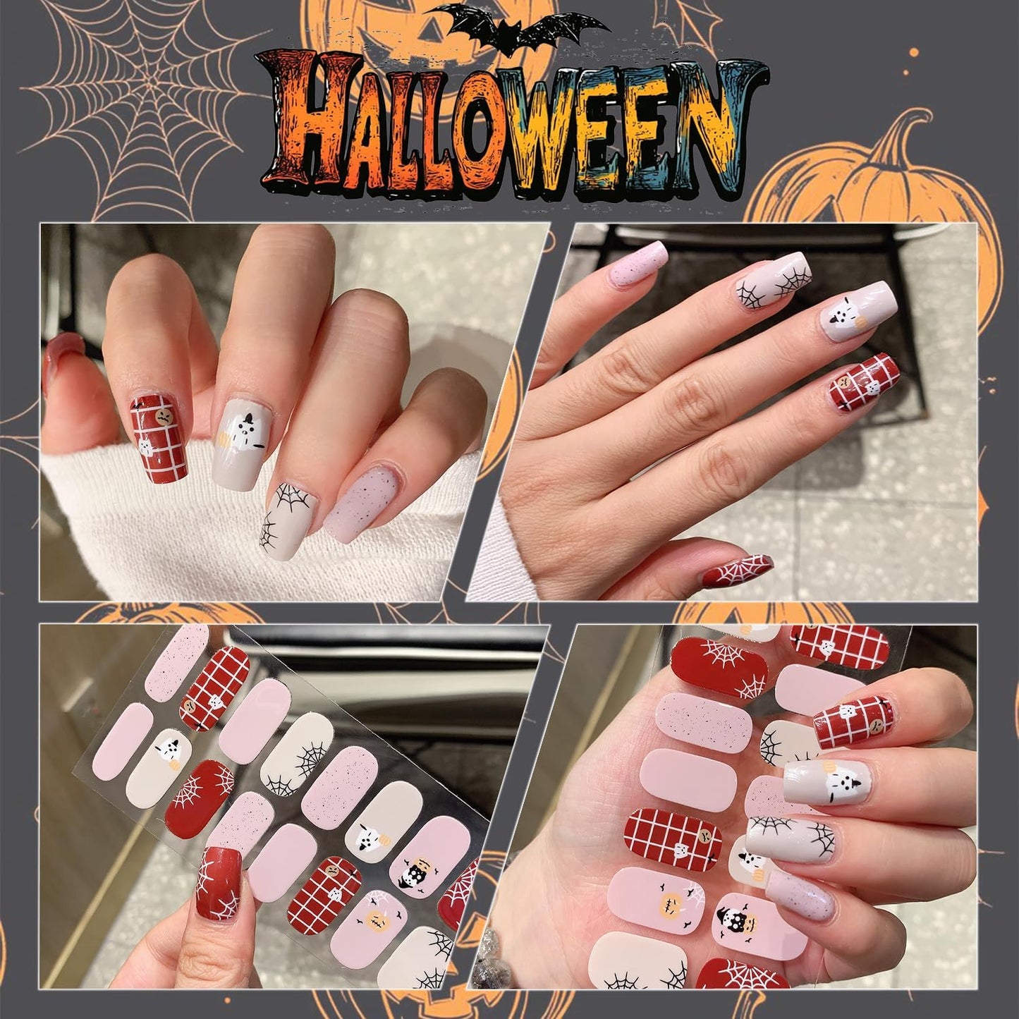 6 Sheets Halloween Gel Nail Strips Ghost Bat Pumpkin Nail Polish Stickers Maple Leaf Pumpkins Thanksgiving Gel Nail Stickers Self-Adhesive Halloween Holiday Nail Polish Strips for Women Nail Decor