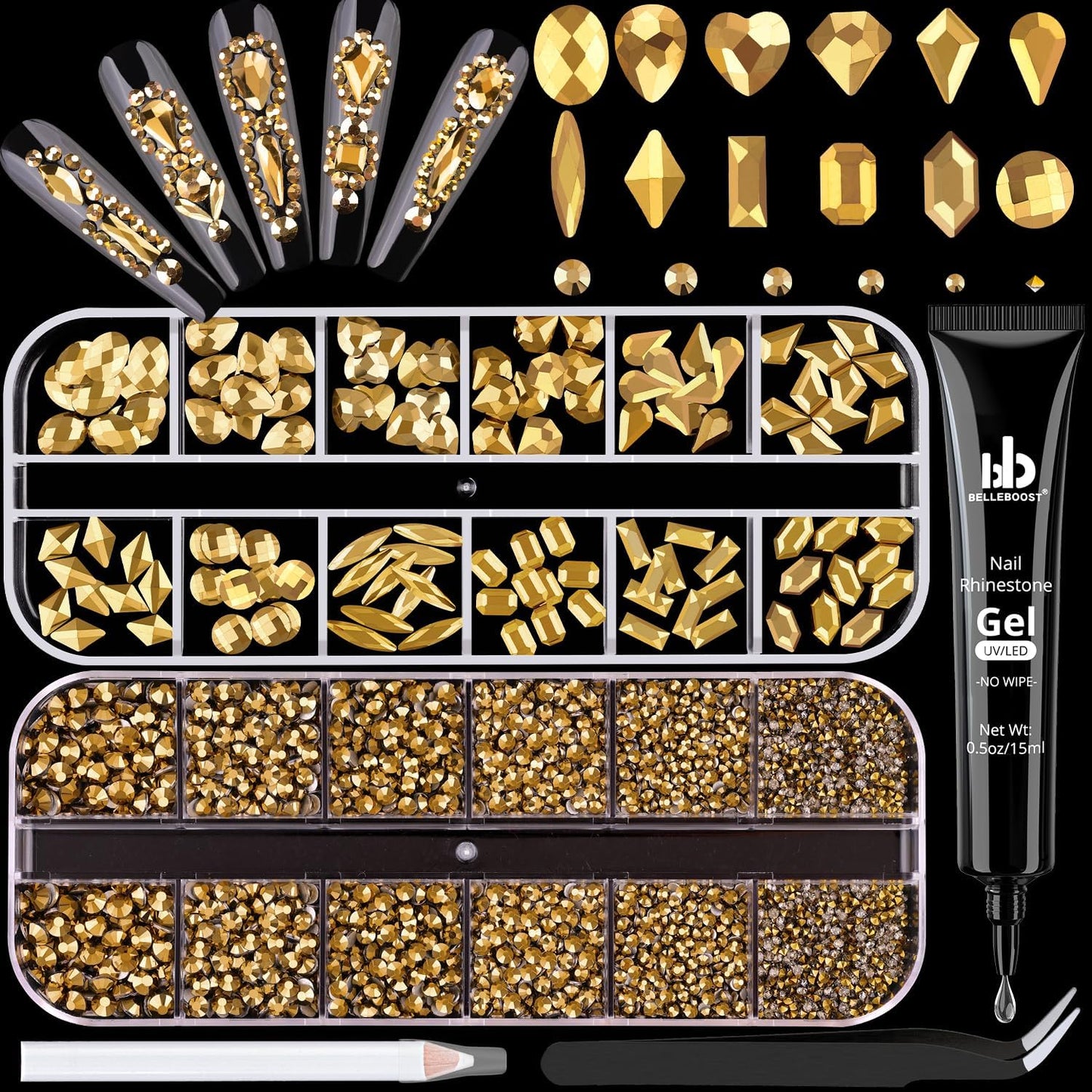 2680Pcs Mineral Gold Glass Nail Rhinestones 120Pcs Multi Shapes Flatback Nail Gems + 2560Pcs 1.5-4mm Round Crystal with Rhinestones Glue Gel, Manicure Nail Charms Diamond Gemstone for Nail Art