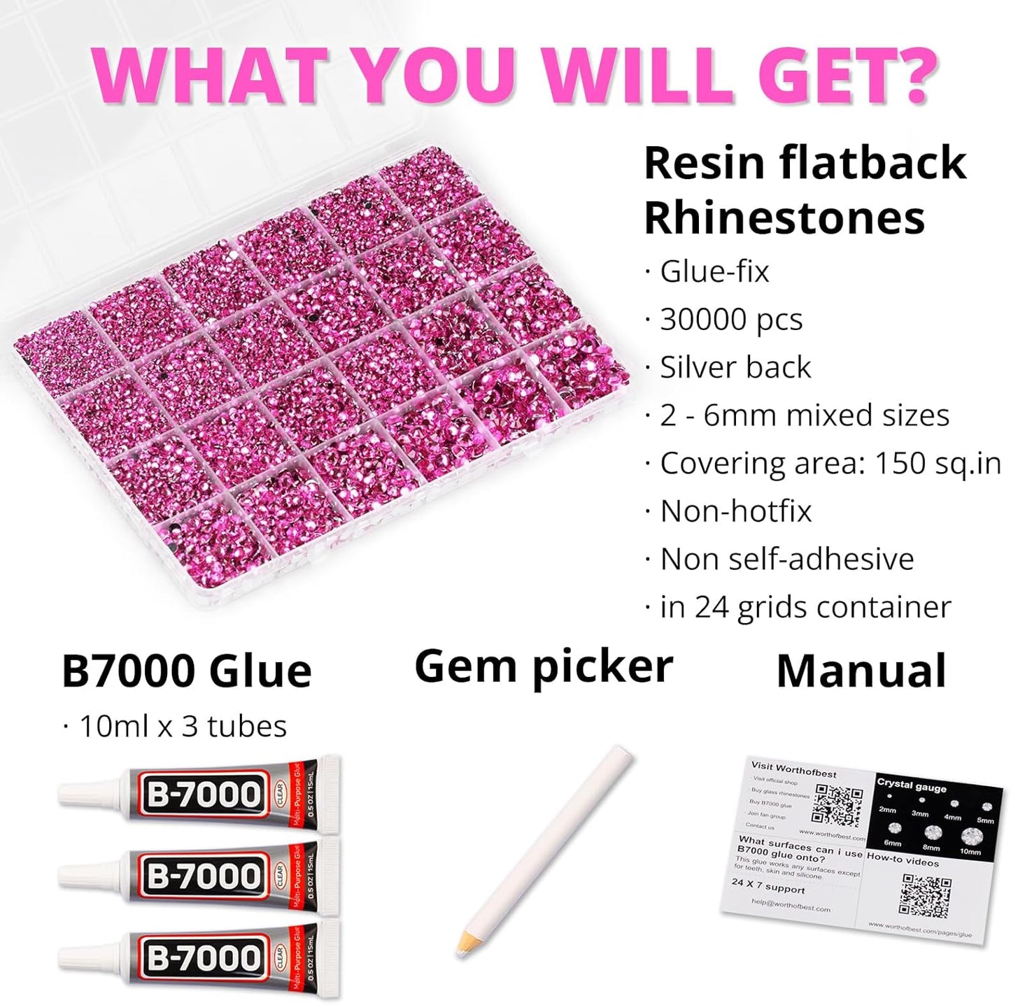 30000Pcs Resin Rhinestones Set for Crafting Bedazzling, Hot Pink Flatback Gems Jewels Crystals for Crafts Clothes Shoes Fabric Shirts Tumblers Cups, Flat Back Bedazzler Kit with b 7000 Glue