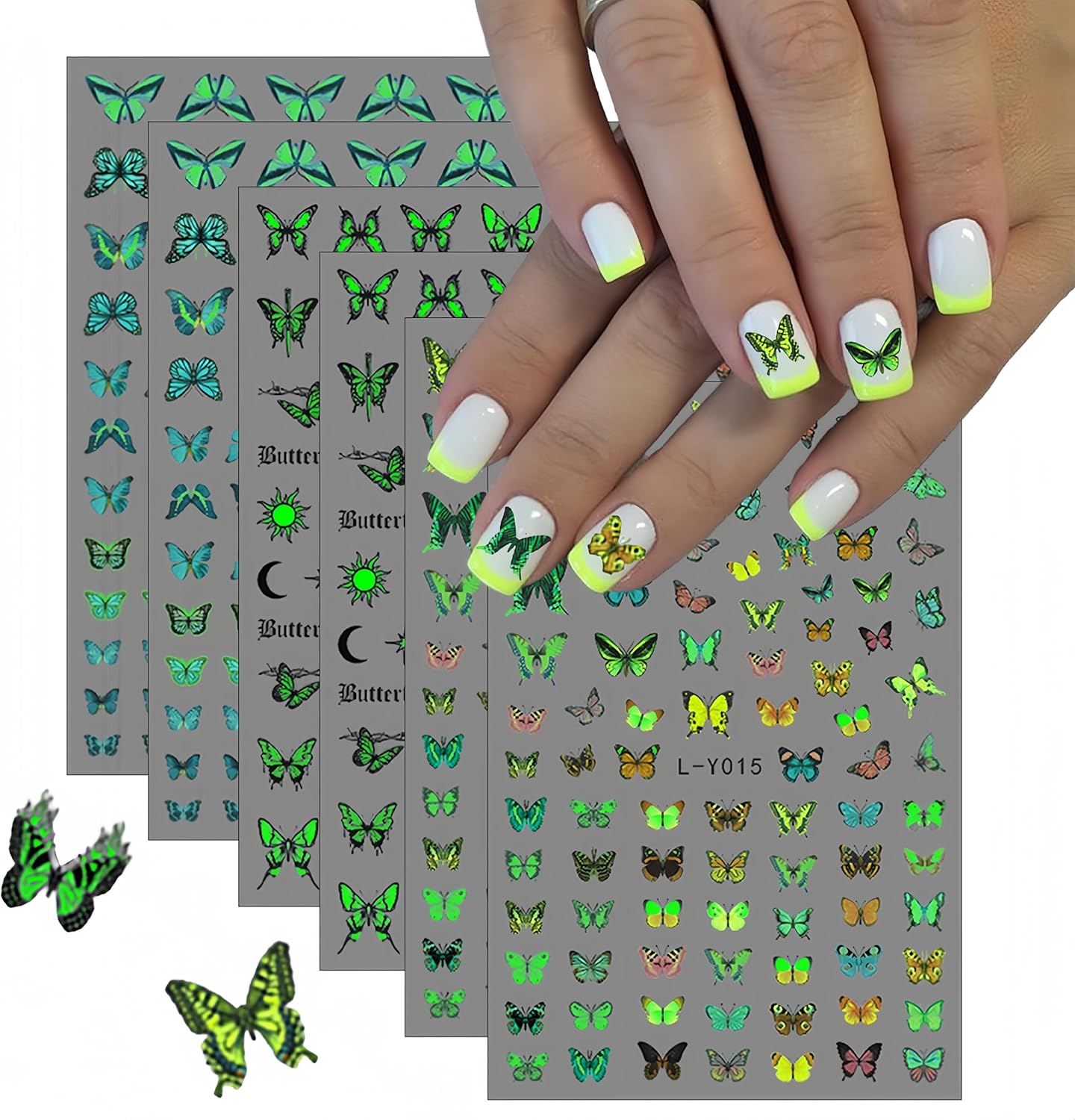 6 Sheets Luminous Butterfly Nail Art Stickers 3D Self-Adhesive Butterfly Nail Decals Holographic Butterflies Nail Art Supplies for Women Manicure Glow in The Dark Decoration Fluorescent Nail Decal