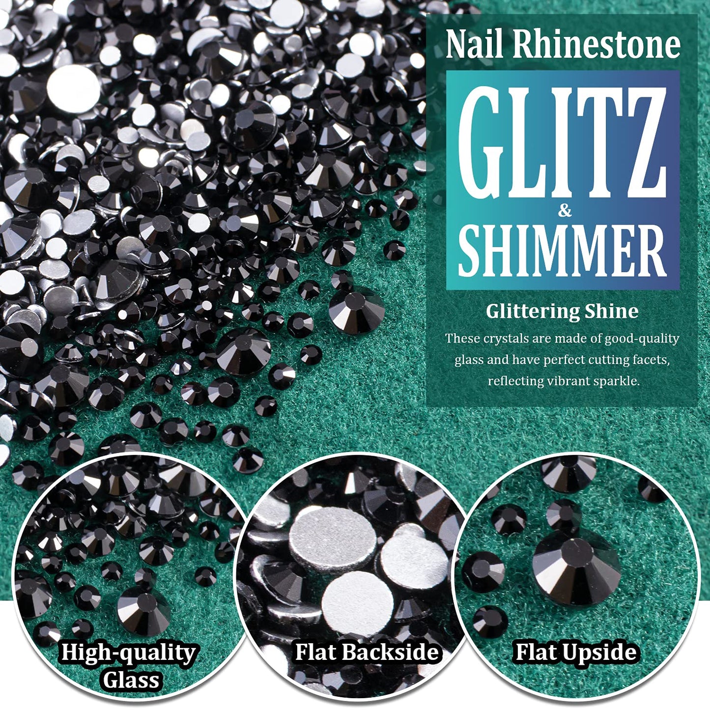 6 Sizes Black Glass Crystal Kit with Pickup Pen + Tweezer Tools for Shine Nail Art Manicure Makeup DIY Decoration Flatback Round Rhinestone Gem Jewelry Diamond