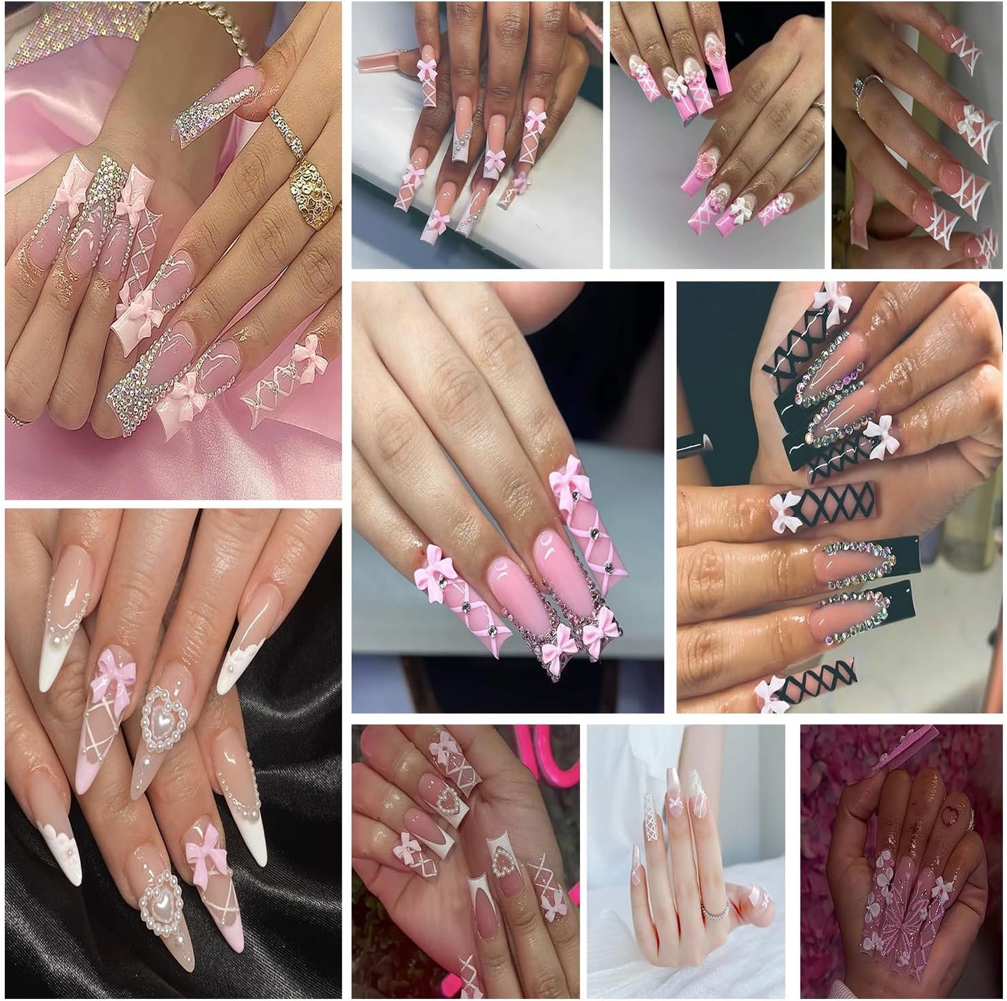 5 Sheets Ballet Bow Nail Art Stickers 5D Relief Self -Adhesive Pearl Bow Nail Decals Holographic Lace Bows Love Heart Nail Stickers French Nail Decoration for Women Manicure Supplies