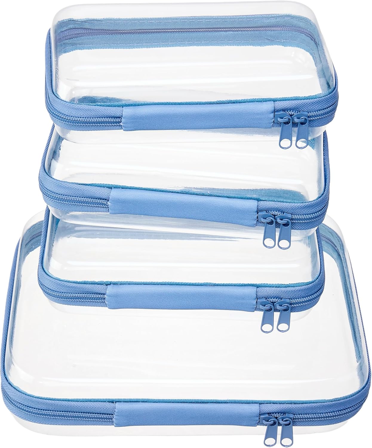 4 pcs Clear Zipper Pouches,Hard Shell Zipper Case, Toiletry Bag for Travel, CLear Diaper Bag, Toiletry Pouch, Travel Organizer, Clear Cosmetic Bag,Toy Storage Bins (M+3S) (Blue)