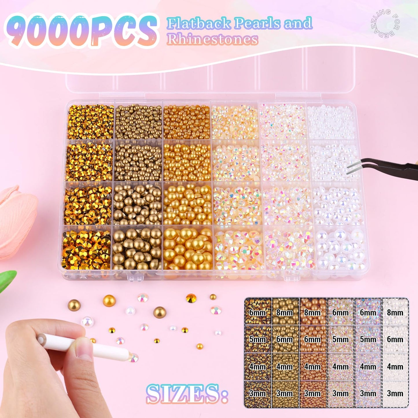 9000Pcs Flatback Pearls and Rhinestones for Bedazzling, White Brown Mixed Size 3-8mm Resin Rhinestones and Half Pearls for Crafting, Nail Art Grad Cap Decoration with Tweezers and Pickup Pencil