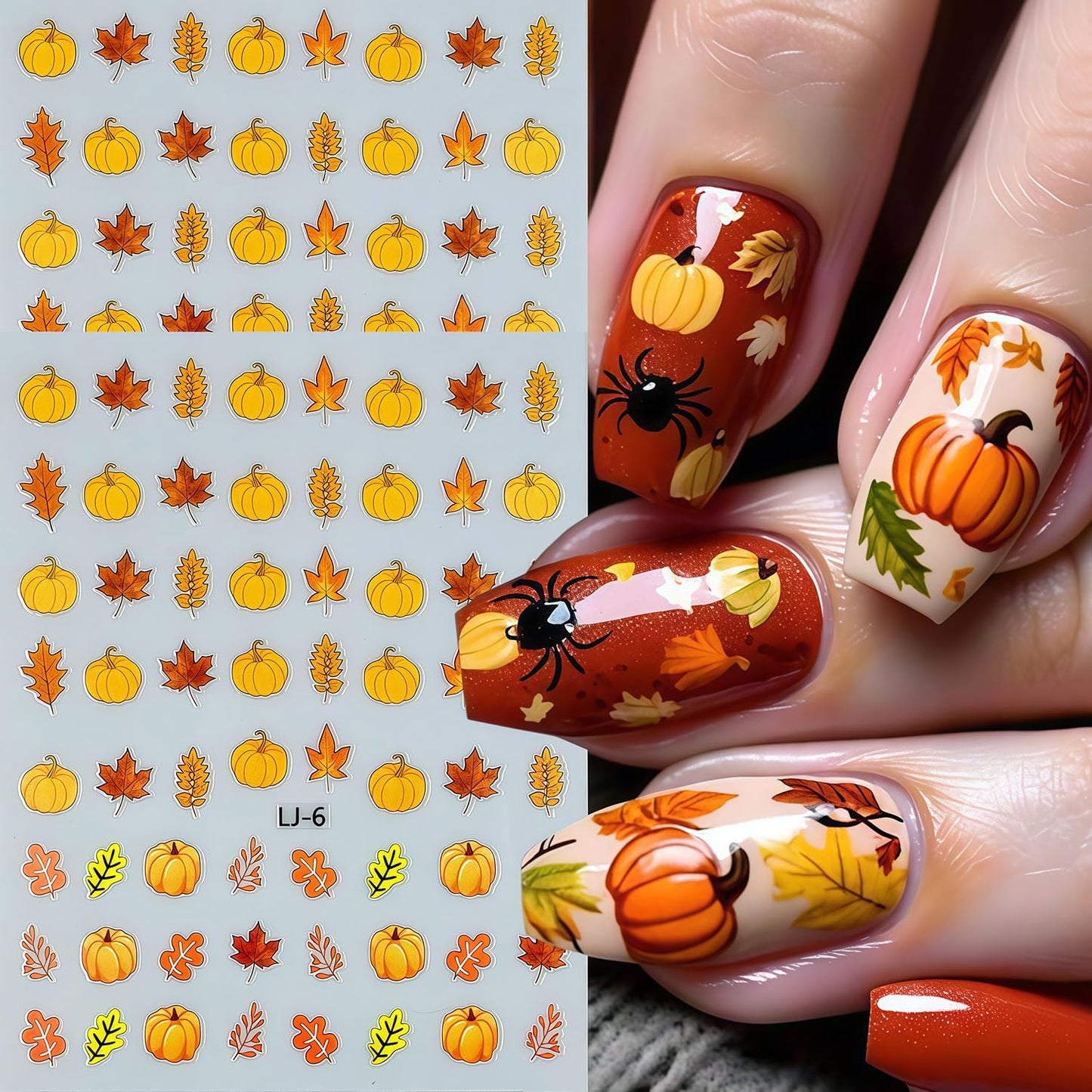 6 Sheets Fall Nail Stickers Thanksgiving Nail Decals 3D Self-Adhesive Glitter Autumn Maple Leaves Pumpkin Design Stickers Fall Maple Leaf Nail Art Sticker for Women Holiday DIY Manicure Decoration