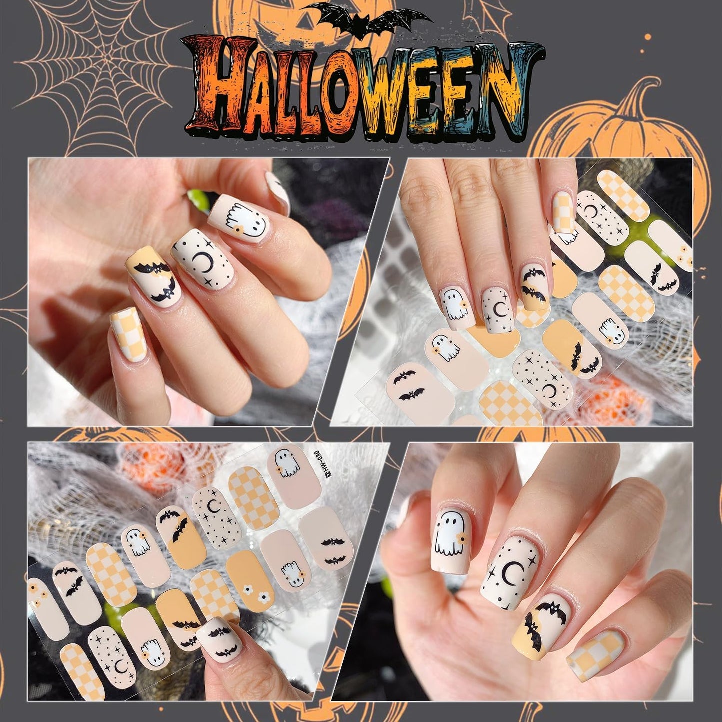 6 Sheets Halloween Gel Nail Strips Ghost Bat Pumpkin Nail Polish Stickers Maple Leaf Pumpkins Thanksgiving Gel Nail Stickers Self-Adhesive Halloween Holiday Nail Polish Strips for Women Nail Decor