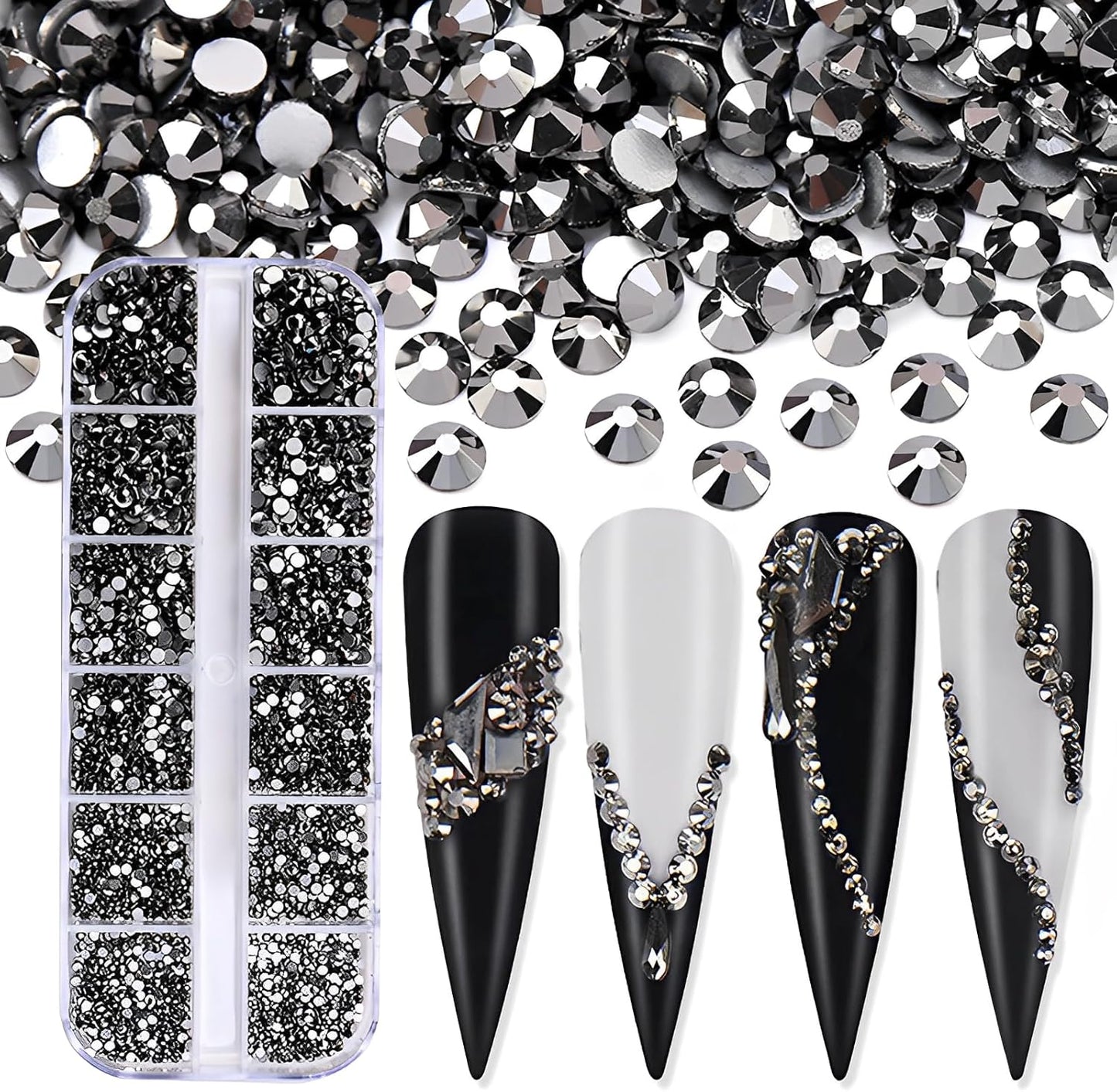 3600pcs Flatback Rhinestones Glass Charms Diamantes Gems Stones for Nail Art 6 Size ss4~ss12 Box Jet Hematite
