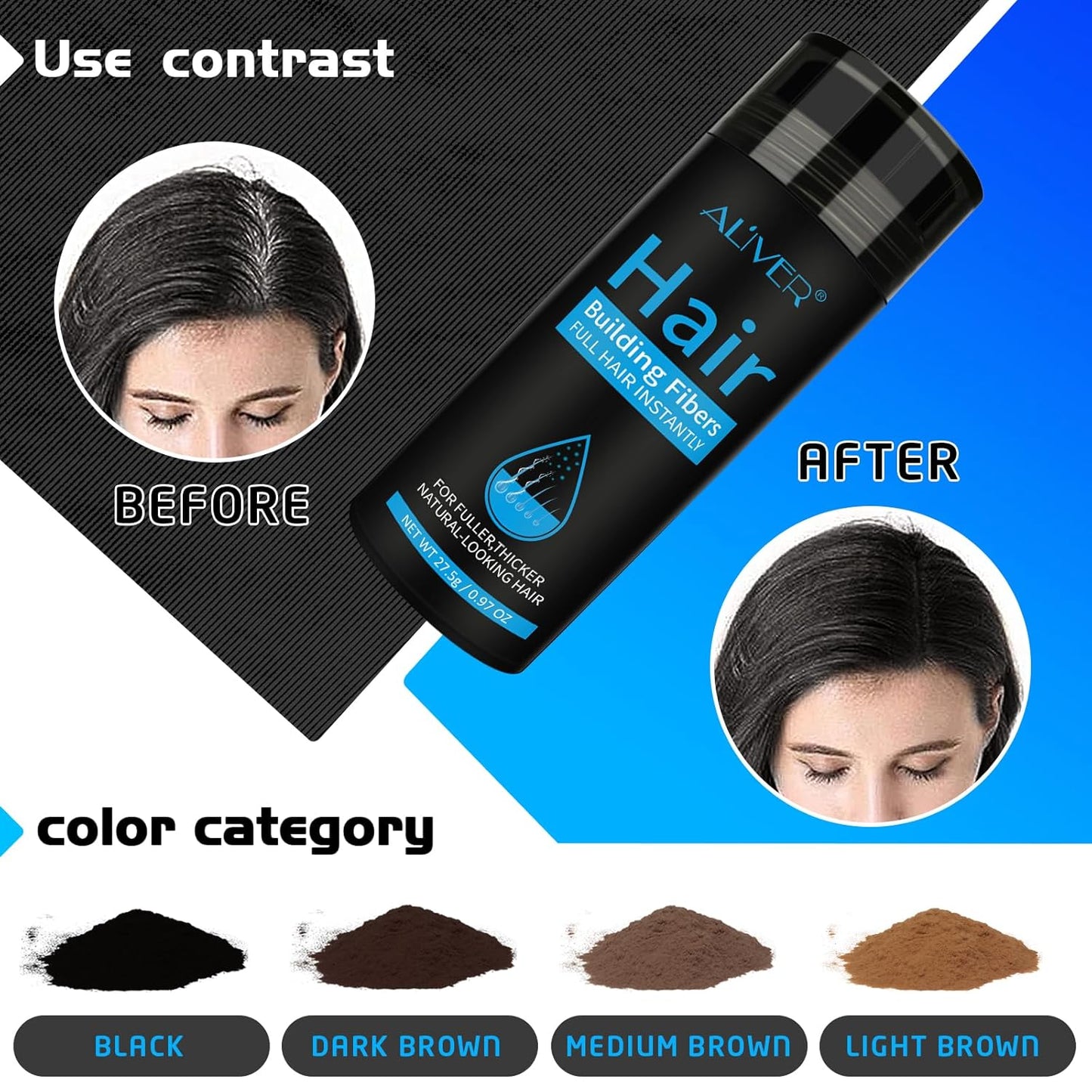 Aliver Hair Fibers for Thinning Hair - Black - 27.5Gr,Undetectable Natural Formula, Thicker Fuller Hair in 15 Seconds, Conceals Hair Loss, Look Younger, for Men & Women Patchy Bald Spot,Crown