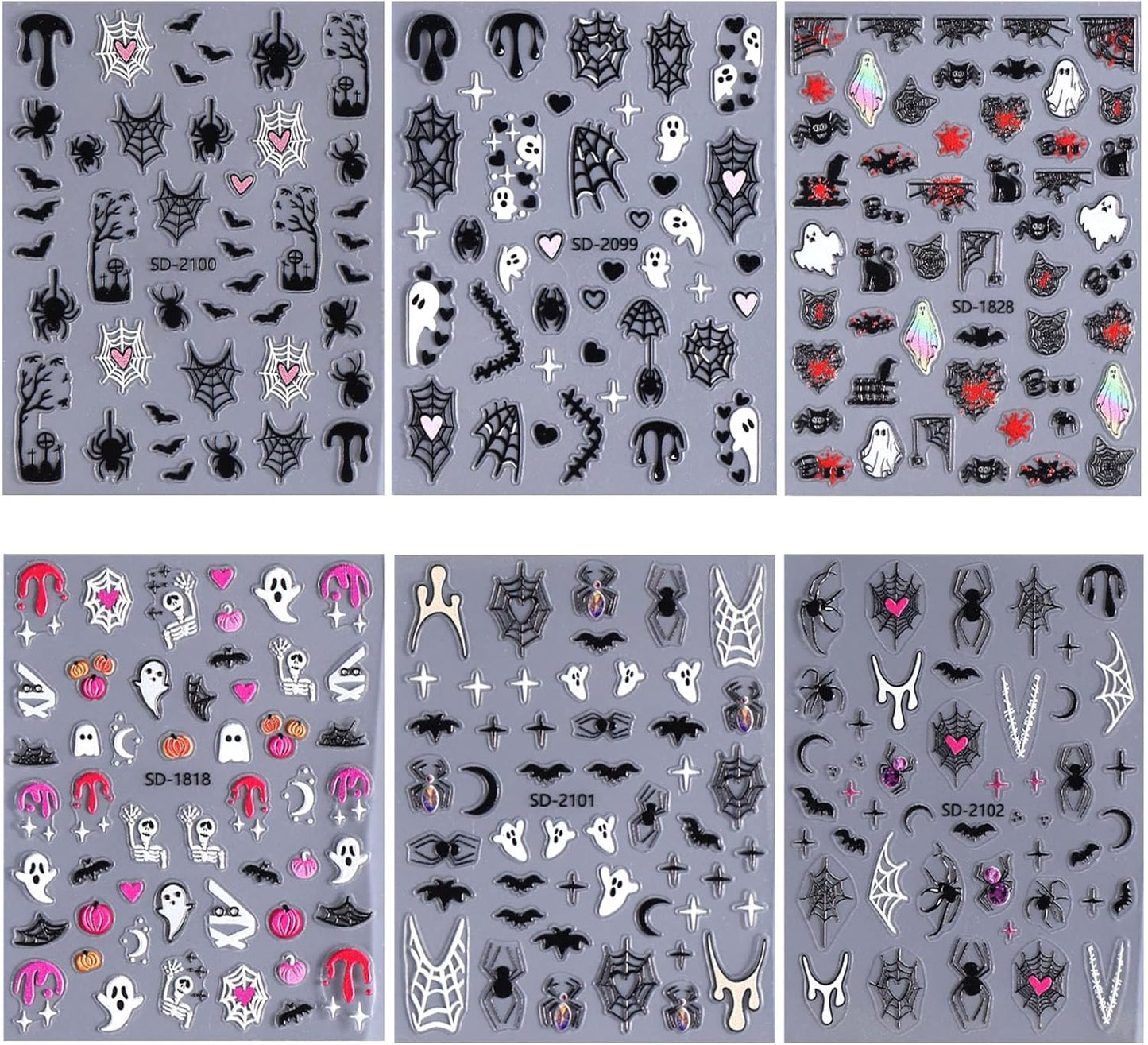 6 Sheets Halloween Nail Stickers 5D Self Adhesive Bat Skull Pumpkin Spider Designs Cute Ghost Nail Art Stickers Halloween DIY Manicure Charms for Holiday Decoration for Women