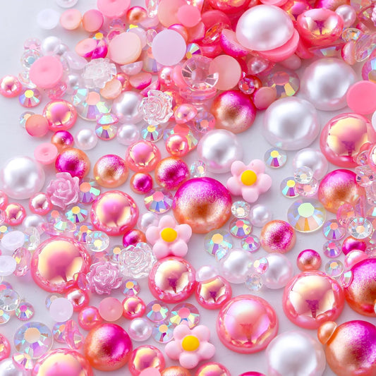 160g Pink Flat Back Pearls Rhinestones for Crafts Mixed Size 3mm-10mm AB Color Round Half Pearls Flatback Pearl Beads and Resin Rhinestones Set for Face Art