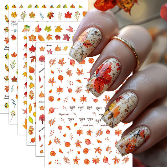 6 Sheets Thanksgiving Day Nail Art Stickers Fall Maple Leaf Nail Decals 3D Self-Adhesive Autumn Maple Leaves Nail Stickers Holiday Nails Sticker for DIY Nails Decoration Accessories