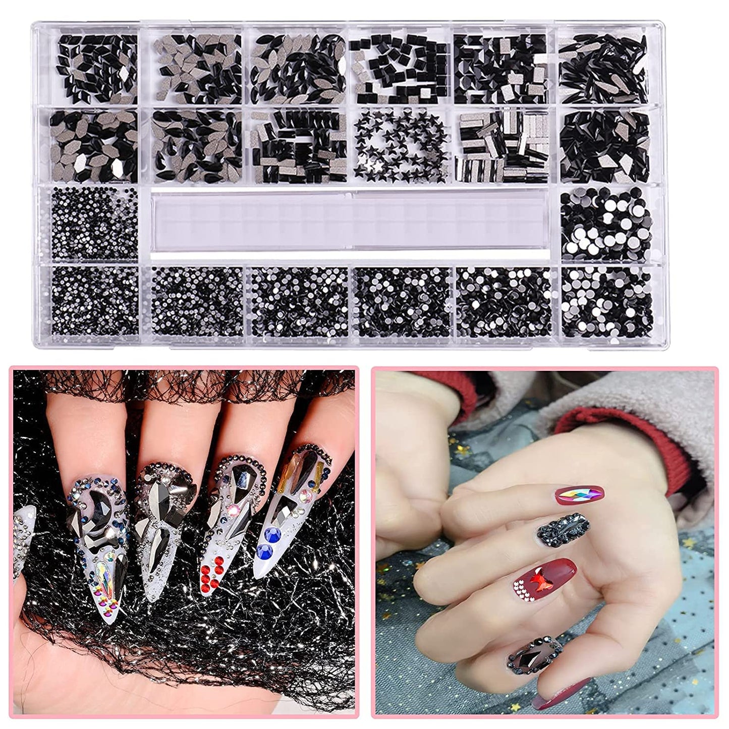3100Pcs Flat Back Rhinestones for Nails, HOINCO Black Rhinestones for Nails, Mix 20 Styles Flatback Rhinestone/Gems, 600 Diamonds + 2500 Round Rhinestones Beads for Nail Crafts with Tweezers Pen