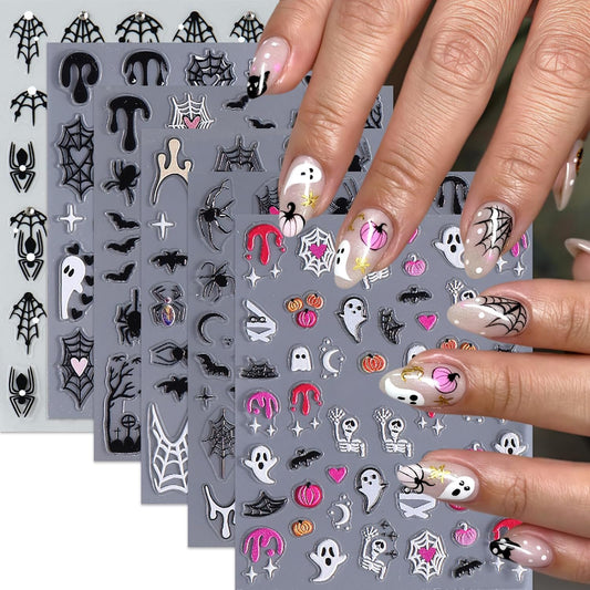 6Pcs Spider Ghost Nail Stickers for Nail Art,Crystal Diamond Spiders Design Nail Decals Spider Web Bloody Bat Nails Design Classic Halloween Pumpkin Nails Decoration for Women Halloween Manicure Salon