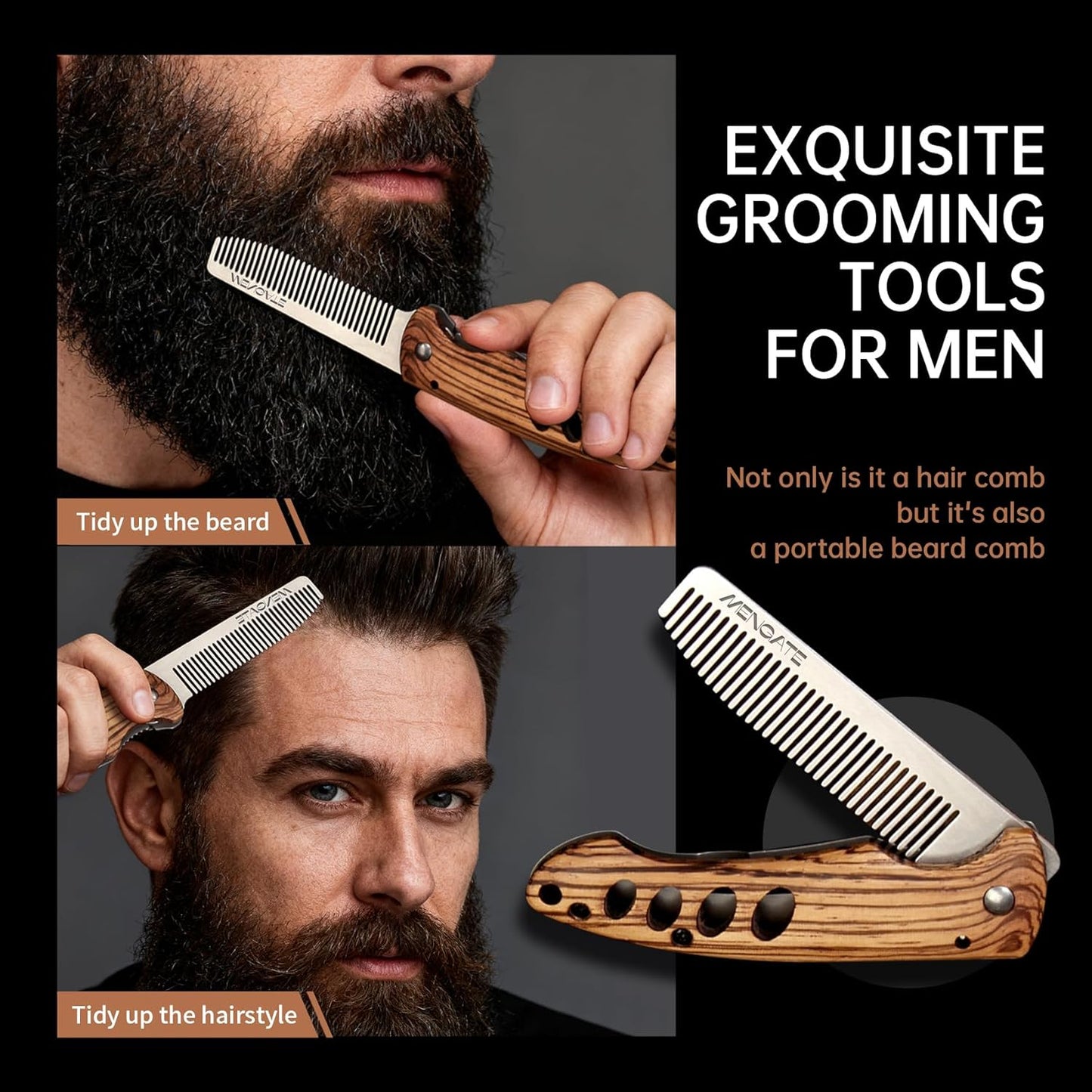 1PC Folding Pocket Beard & Hair Comb for Men - Stainless Steel Tactical Grooming Tool with Wooden Handle, EDC Pocket Comb with 180° Rotatable for Travel & Daily Styling