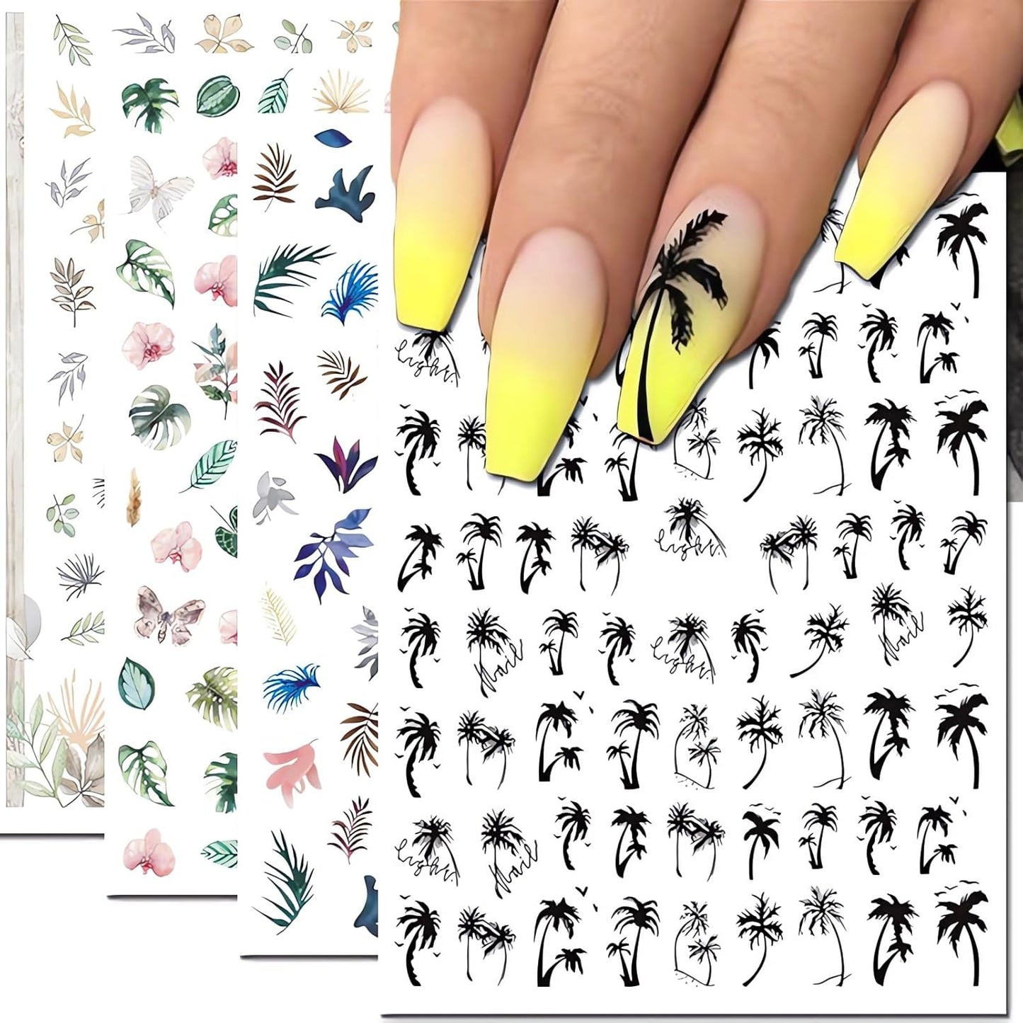 8 Sheets Nail Art Stickers Summer Beach Palm Coconut Tree 3D Self-Adhesive Nail Decals Tropic Plantain Leaf Fruit Sunflower Designs Nail Decorations DIY Acrylic Nail Supplies for Women Girls Manicure Art