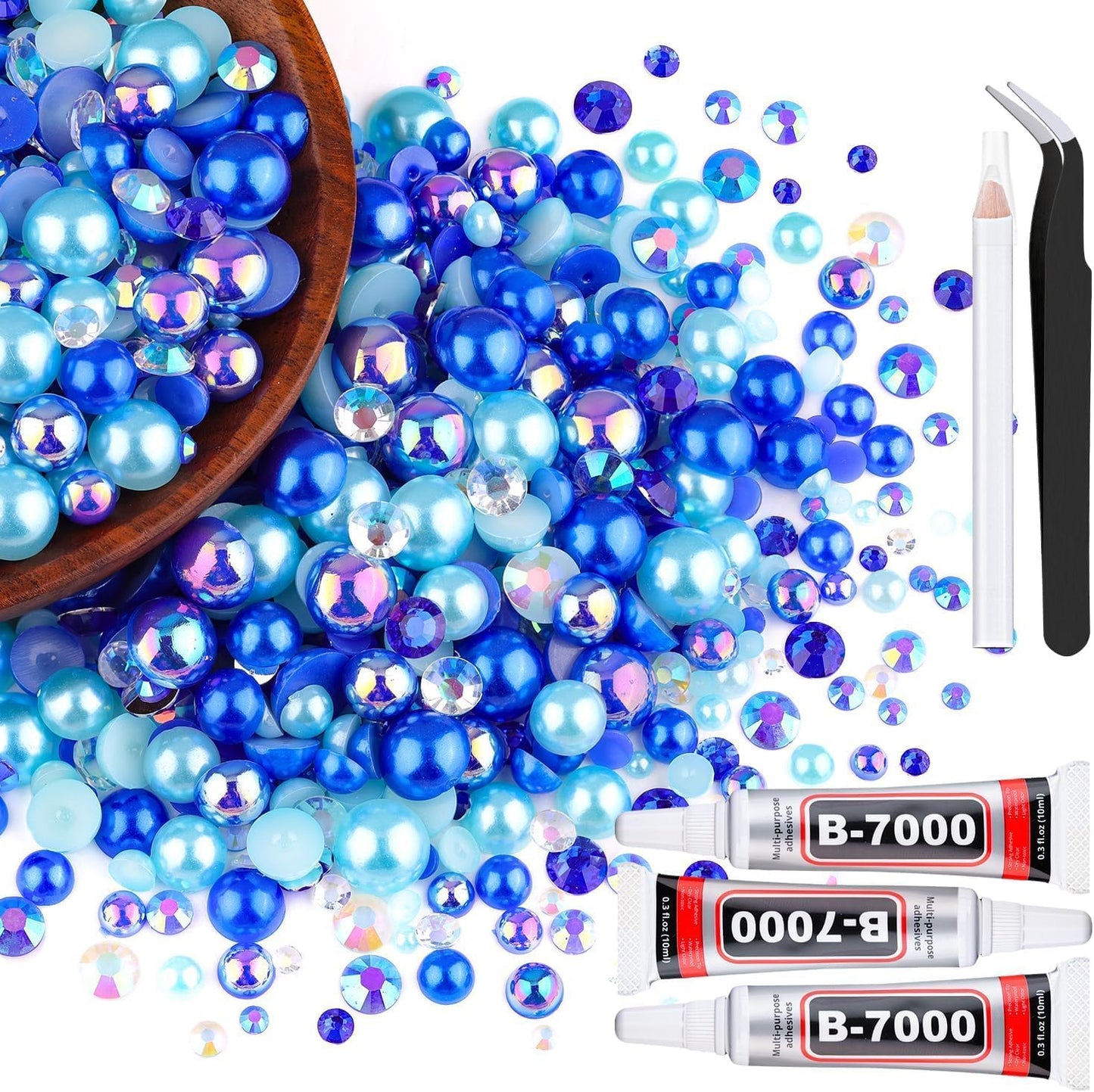 80g Flatback Pearls and Rhinestones for Crafting, Dark Blue 3-10mm Resin Rhinestones and Half Pearls for Bedazzling, Nail Art and Dec with 3pcs 10ml B7000 Jewelry Glue, Tweezer and Pickup Pencil
