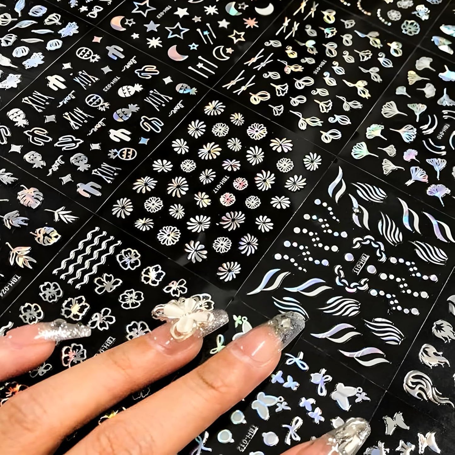 30 Sheets Aurora Flower Nail Art Stickers 3D Self Adhesive Flower Nail Stickers Aurora Moon Star Nail Decals Leaf Heart Nails Art Supplies Charms for Women Manicure Tips Decoration