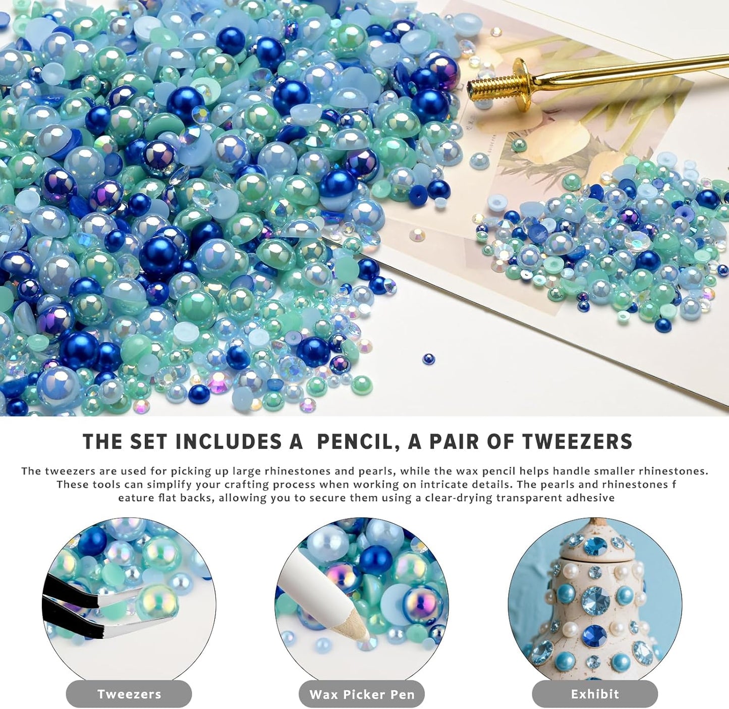 80g Mix Flatback Pearls and Rhinestones for Crafts Blue Mixed Size 2mm-10mm Half Round Pearls Rhinestones for Nail Art Tumblers Shoes DIY Bedazzling with Tweezers Wax Pen